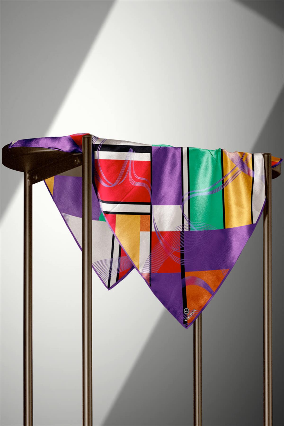 %100 Twill İpek Geometrik Desenli Mor - Kırmızı Renkli 90x90 Eşarp Dikim Şekli : El Dikişi