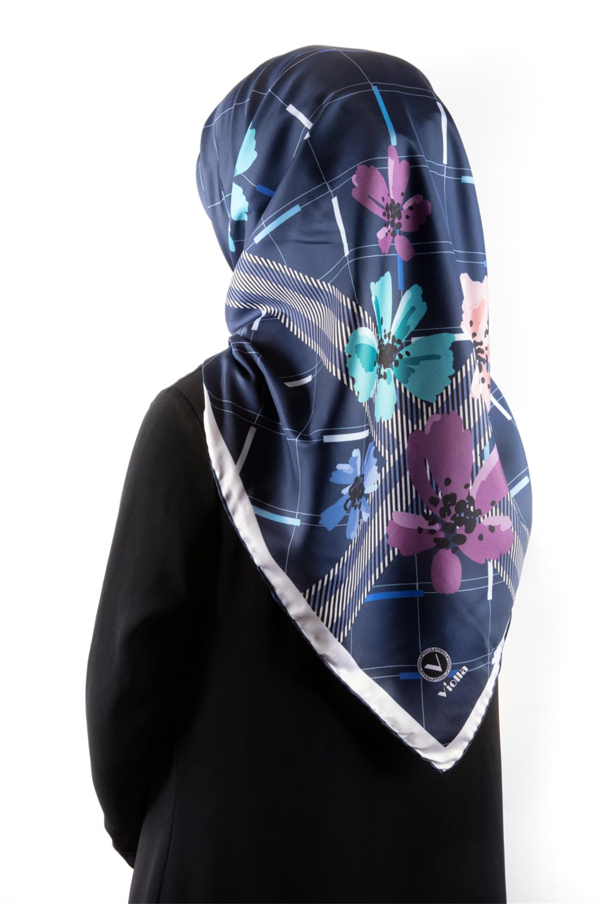 Twill Papatya Desenli İndigo Renkli 90x90 Eşarp (İpek İçermez) Kenar Dikiş Şekli El Dikişli