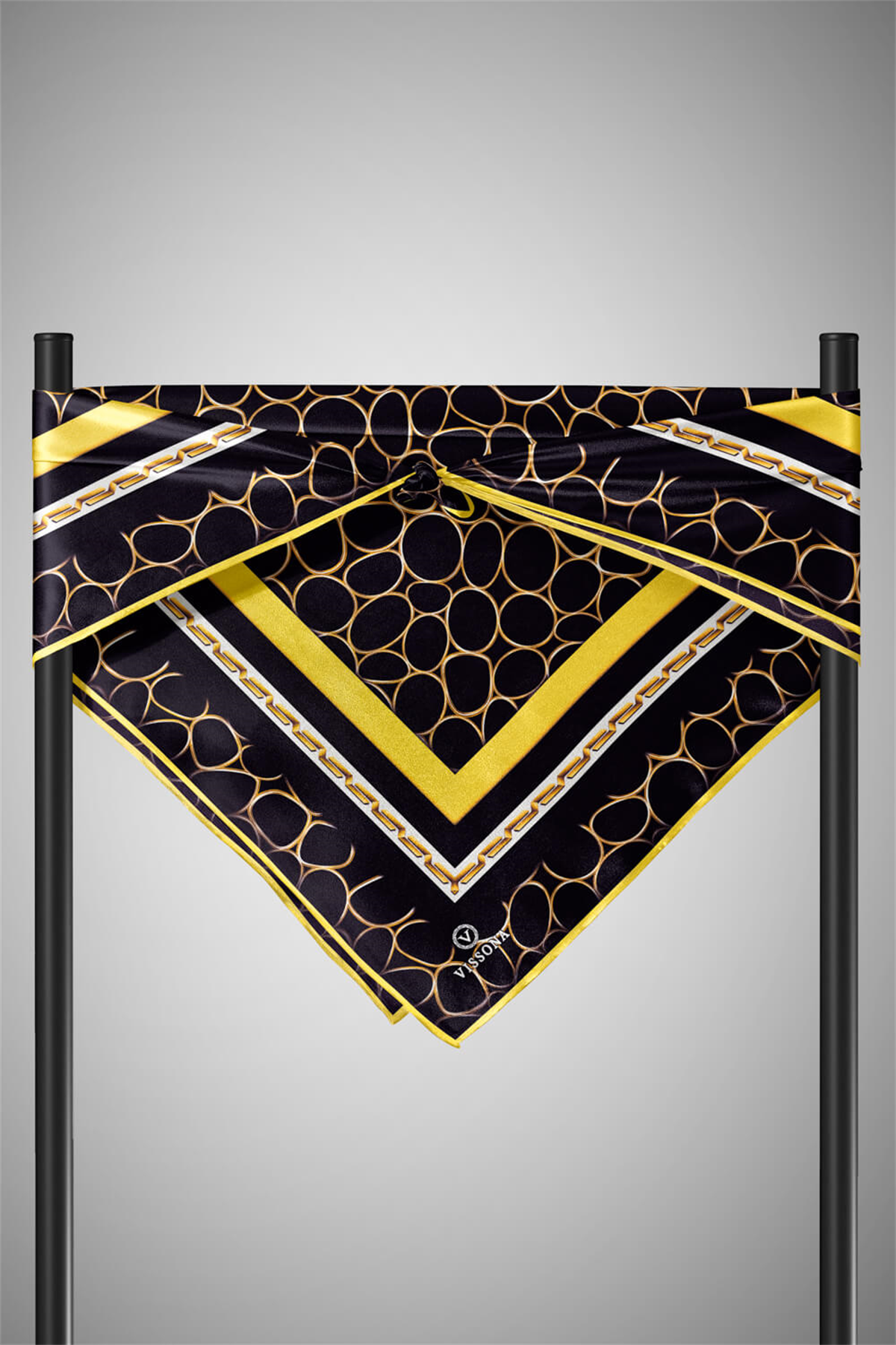 %100 Twill İpek Zincir Desenli Siyah - Limon Sarısı Renkli 90x90 Eşarp Kenar Dikiş Şekli El Dikişli