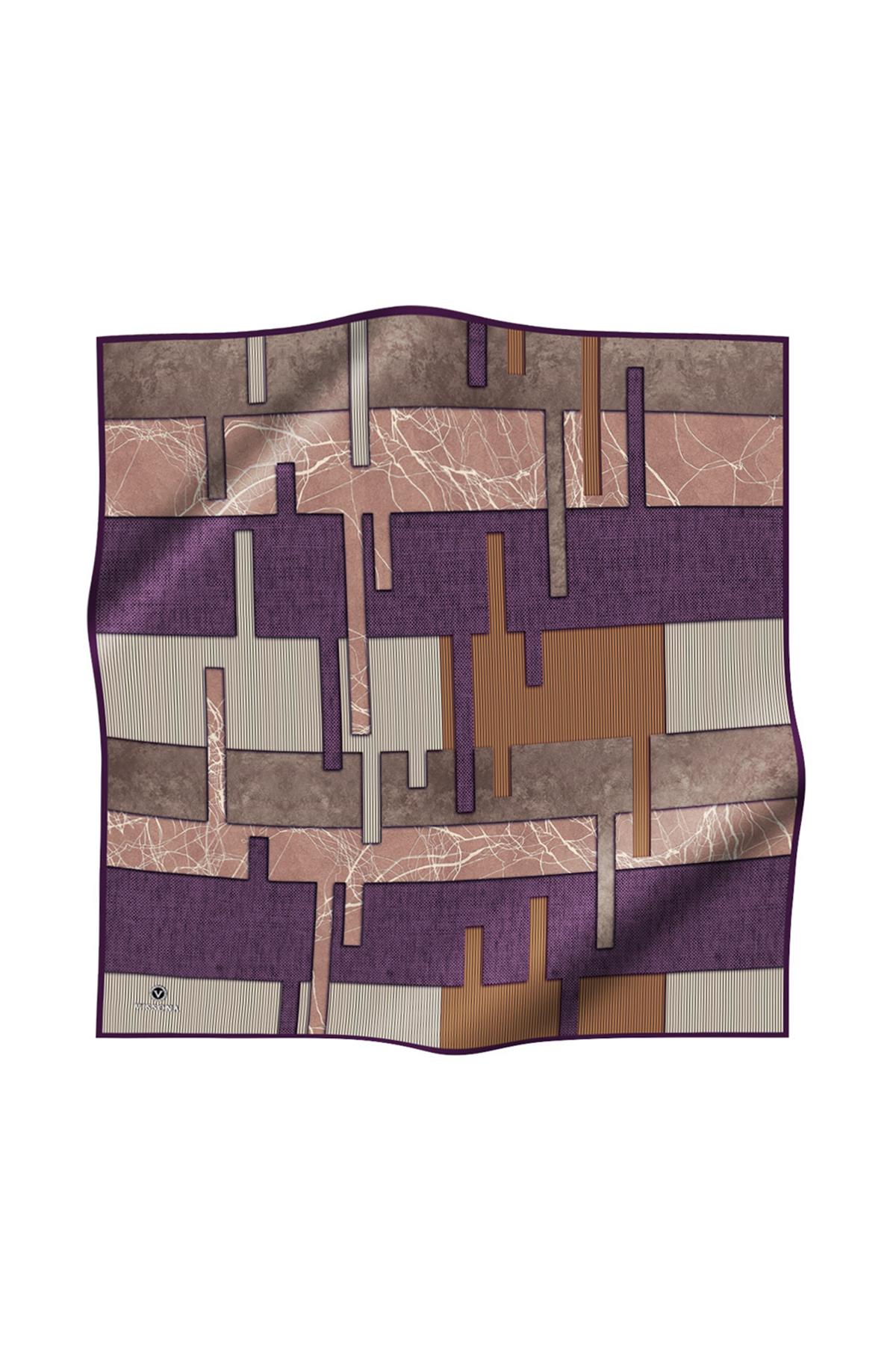 %100 Twill İpek Geometrik Desenli Mürdüm Renkli 90x90 Eşarp Dikim Şekli : El Dikişi