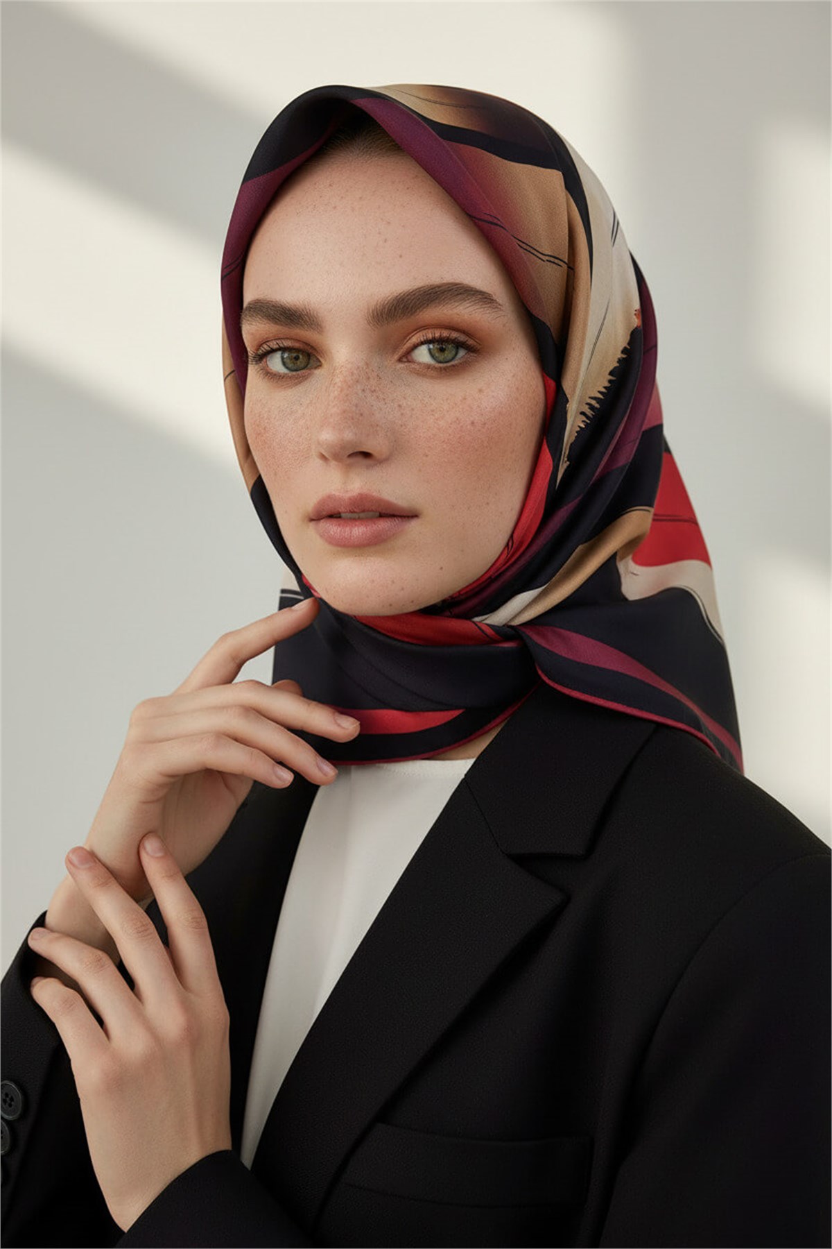 %100 Twill İpek Geometrik Fırça İzi Desenli Siyah - Bordo Renkli 90x90 Eşarp Dikim Şekli : El Dikişi