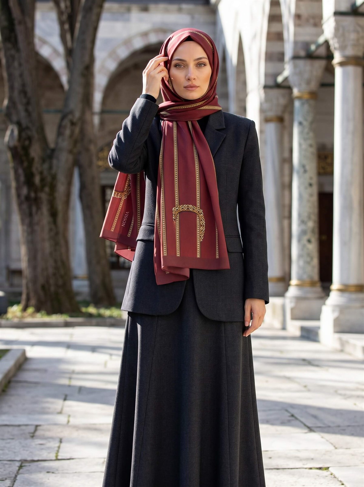 KREP ZİNCİR DESENLİ BORDO RENKLİ 75X195 KIRIŞMAZ ŞAL