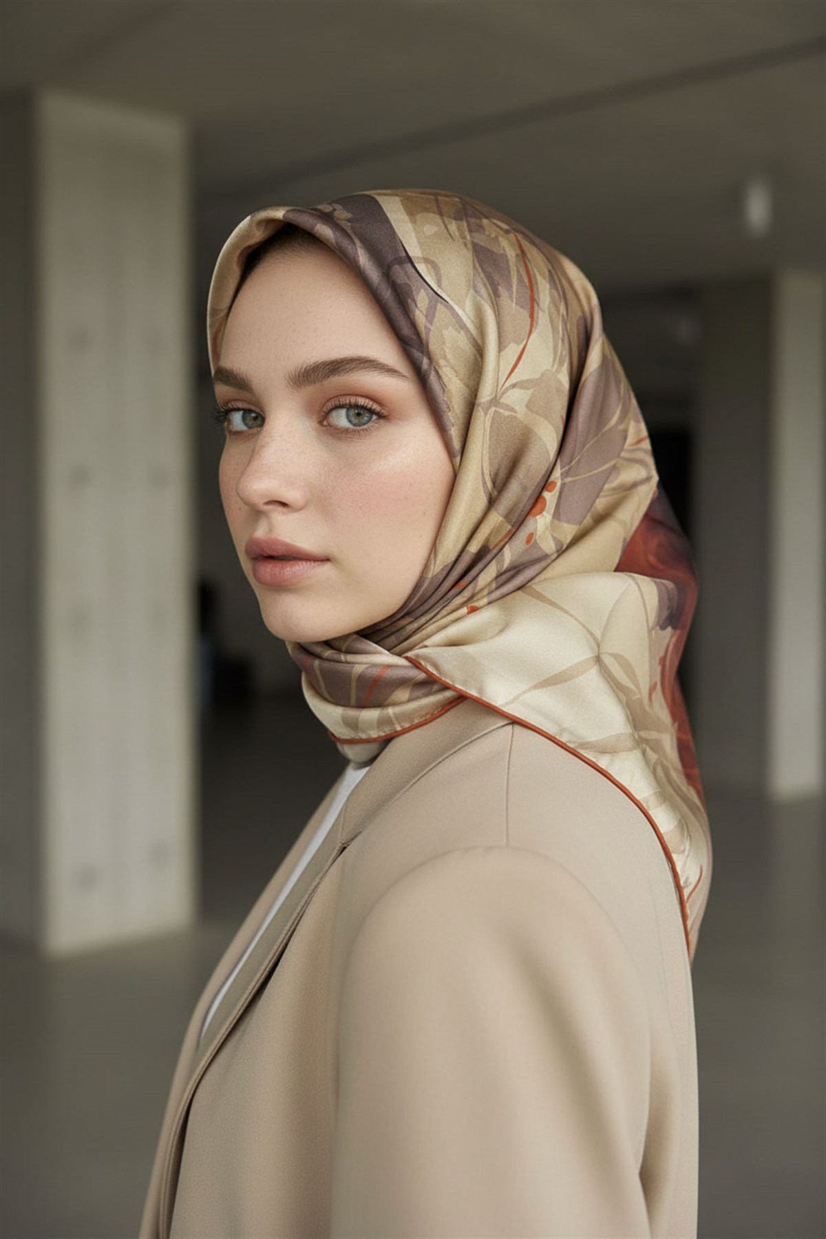%100 Twill İpek Çiçekli Sulu Boya Dalga Desenli Bej - Taba Renkli 90x90 Eşarp Dikim Şekli : El Dikişi