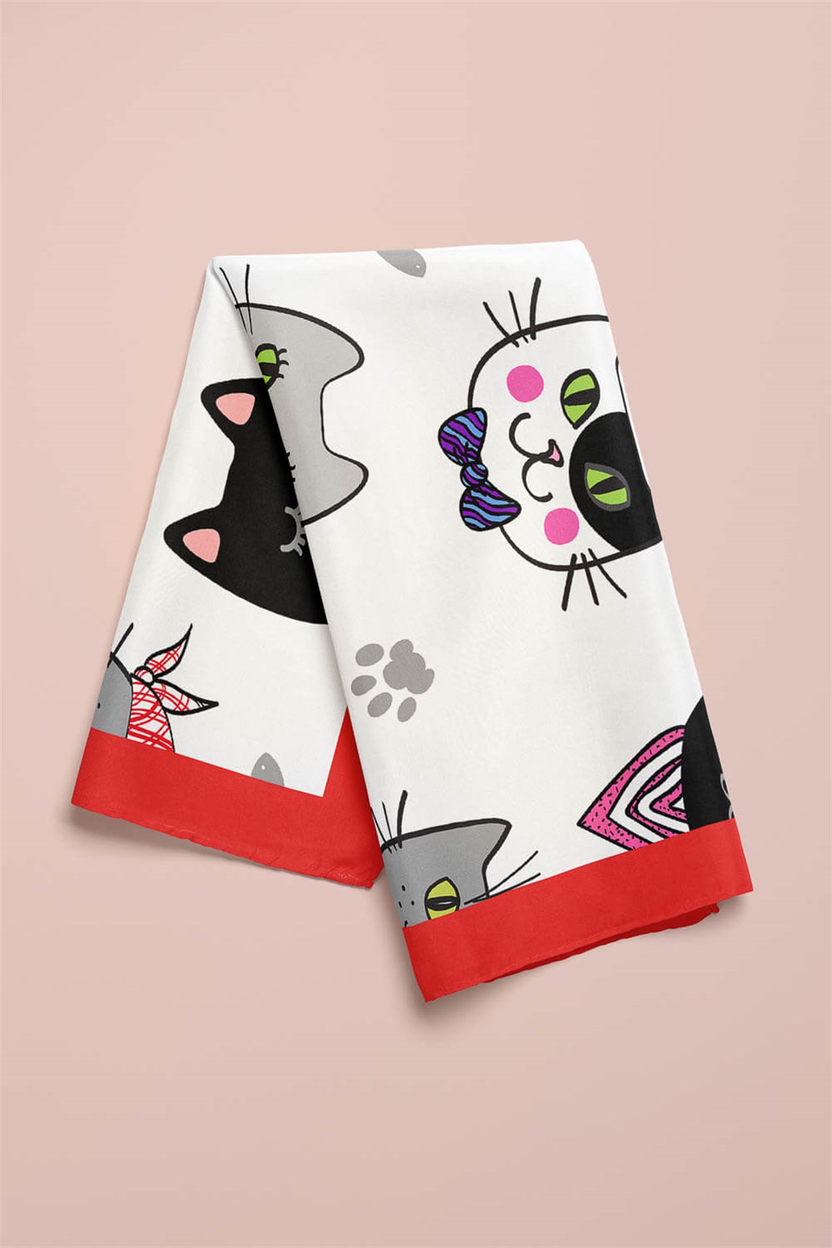 A59 Kadın Kedi Desenli Bandana 50x50 Kırmızı DG0191-22 Snz