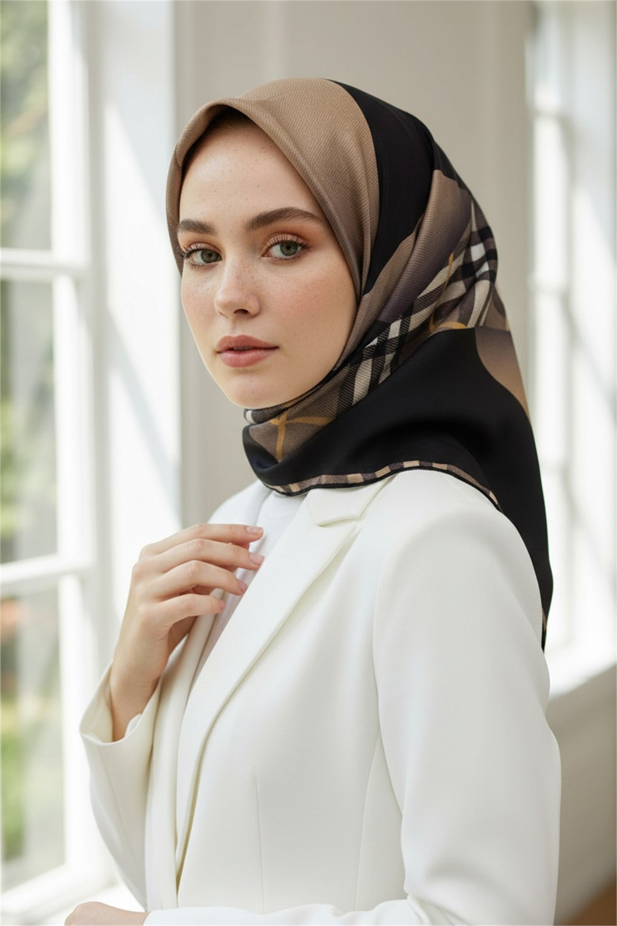 %100 Twill İpek Eşarp 90x90 Bej Siyah Ekose Desenli El Dikişli Kadın Eşarp