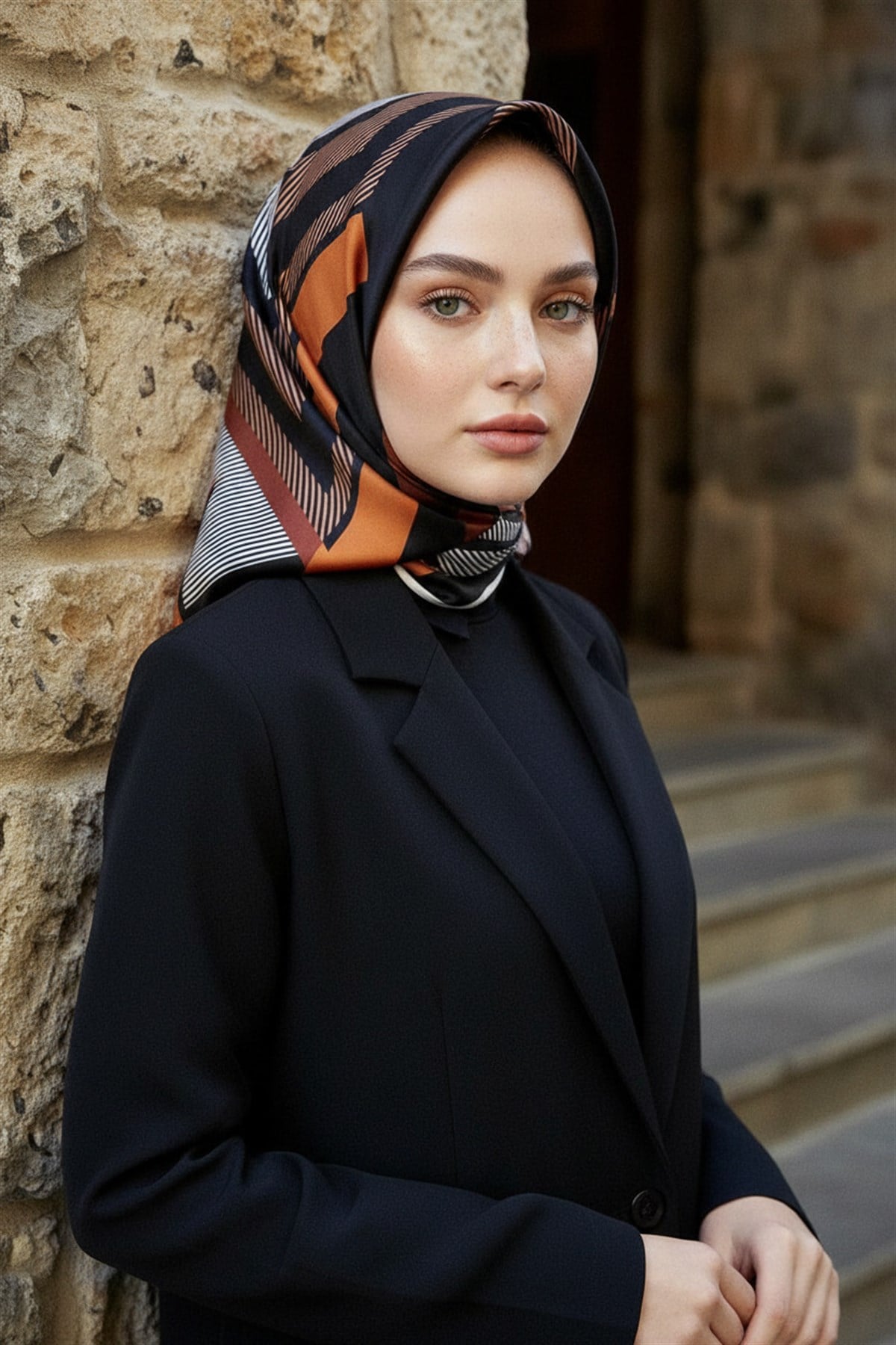 %100 Twill İpek Geometrik Desenli Taba - Siyah Renkli 90x90 Eşarp Dikim Şekli : El Dikişi