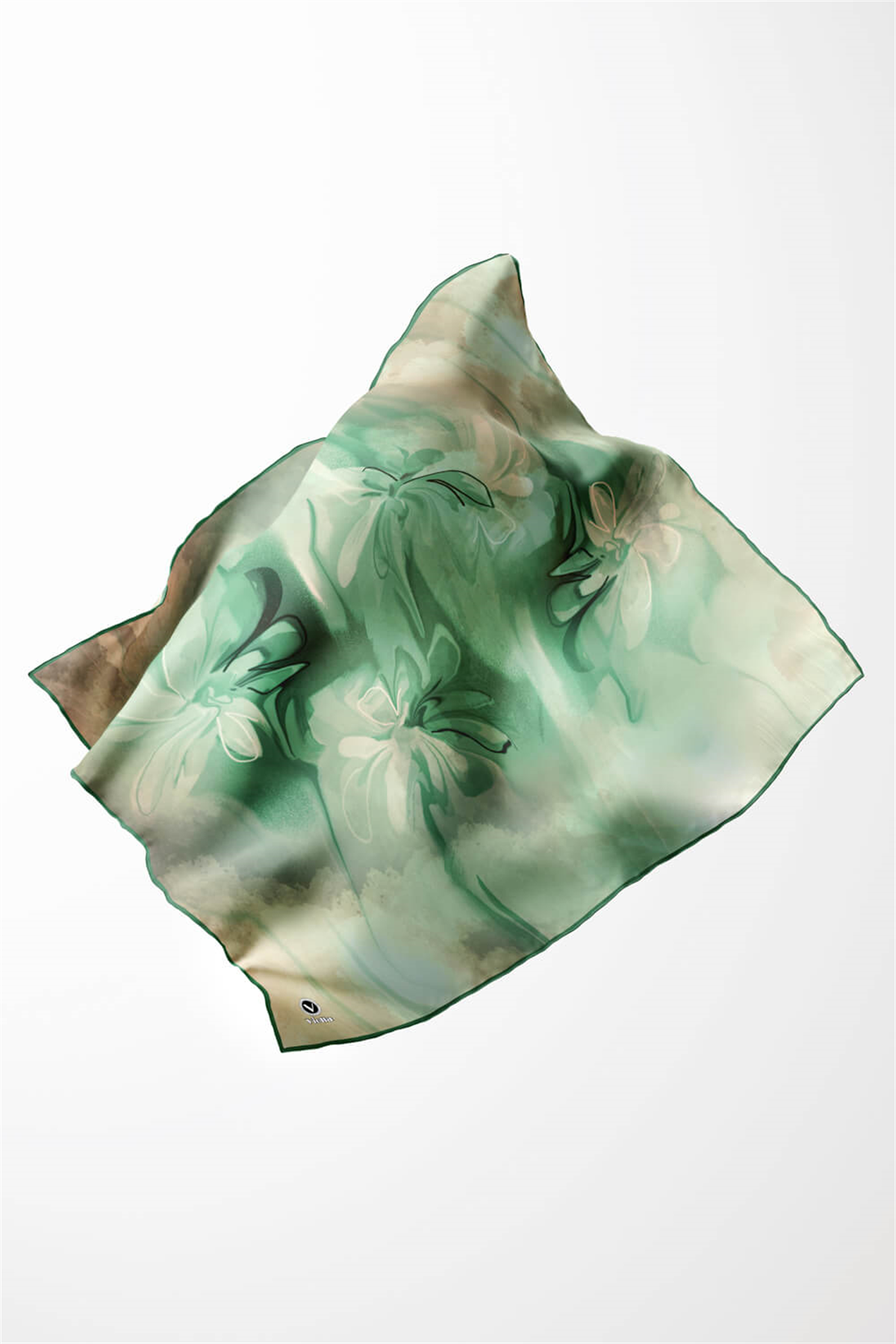 Twill Batik Çiçek Desenli Mint Yeşili Renkli 90x90 Eşarp (İpek İçermez) Kenar Dikiş Şekli El Dikişli