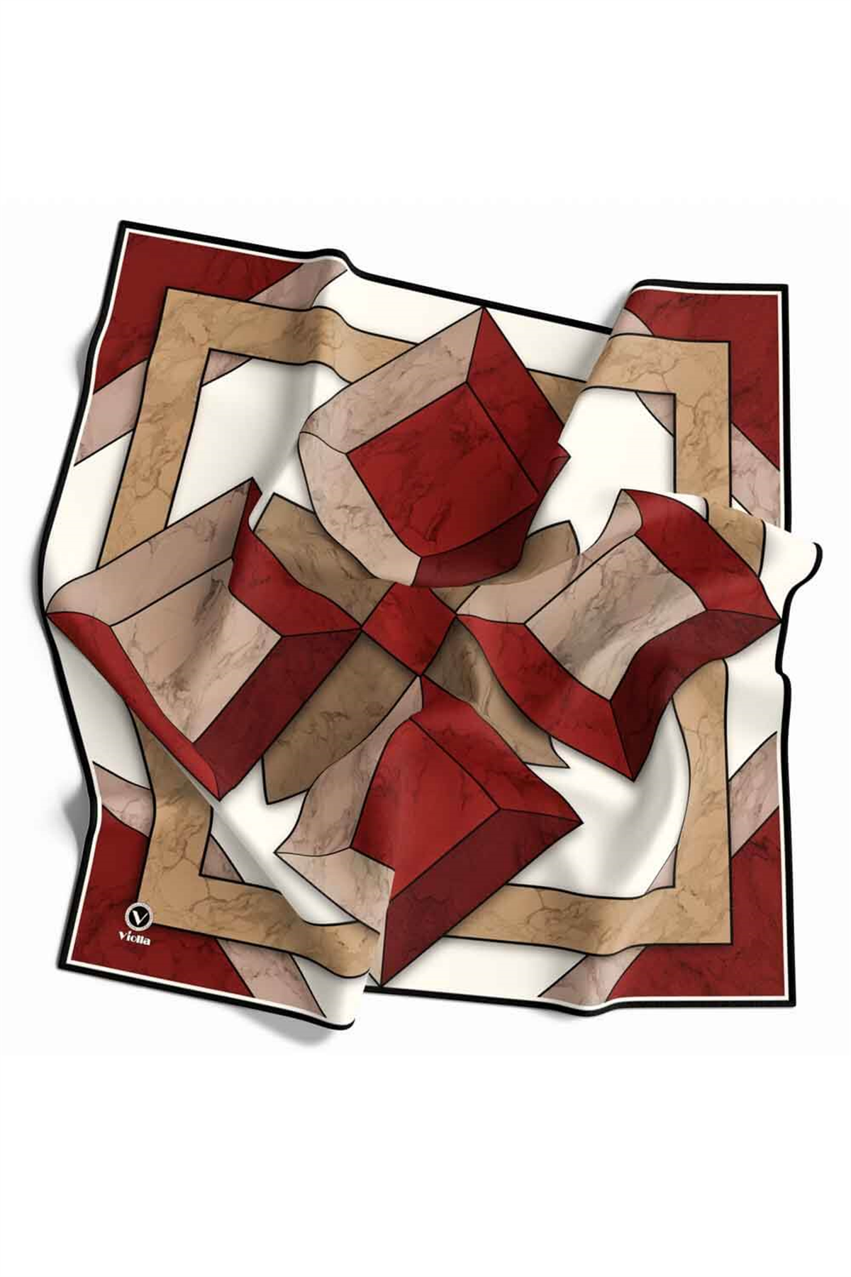 Twill Mermer Desenli Bordo - Bej Renkli 90x90 Eşarp (İpek İçermez) Kenar Dikiş Şekli El Dikişli