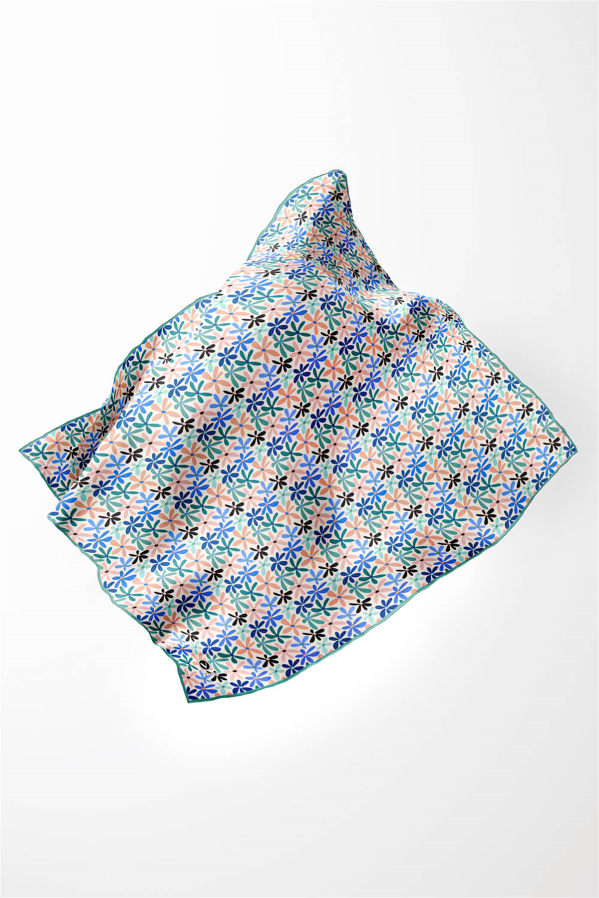 Twill Renkli Çiçek Desenli Buz Mavisi Renkli 90x90 Eşarp (İpek İçermez) Kenar Dikiş Şekli El Dikişli