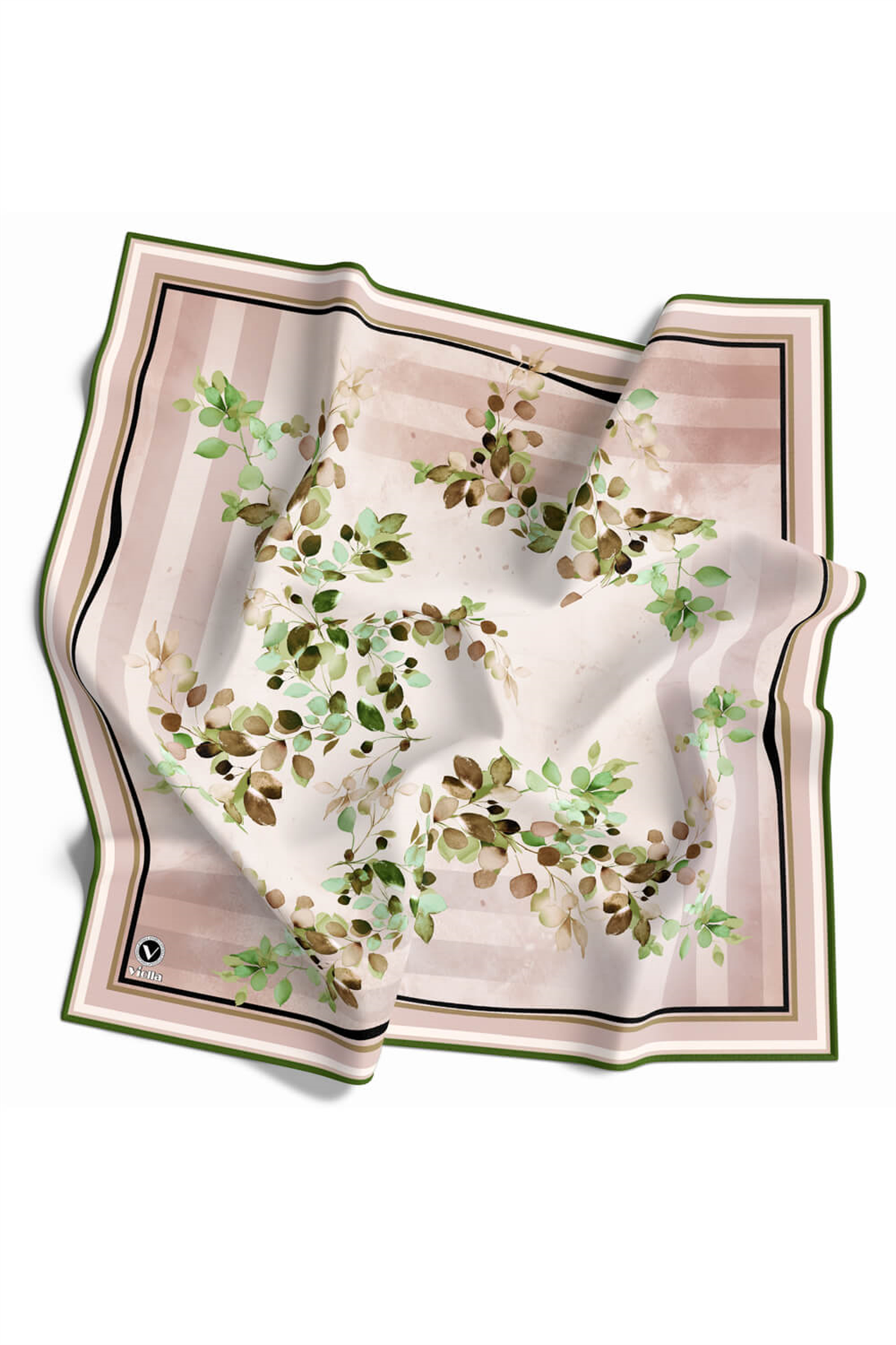 Twill Çiçek Desenli Zümrüt Yeşili Renkli 90x90 Eşarp (İpek İçermez) Kenar Dikiş Şekli El Dikişli