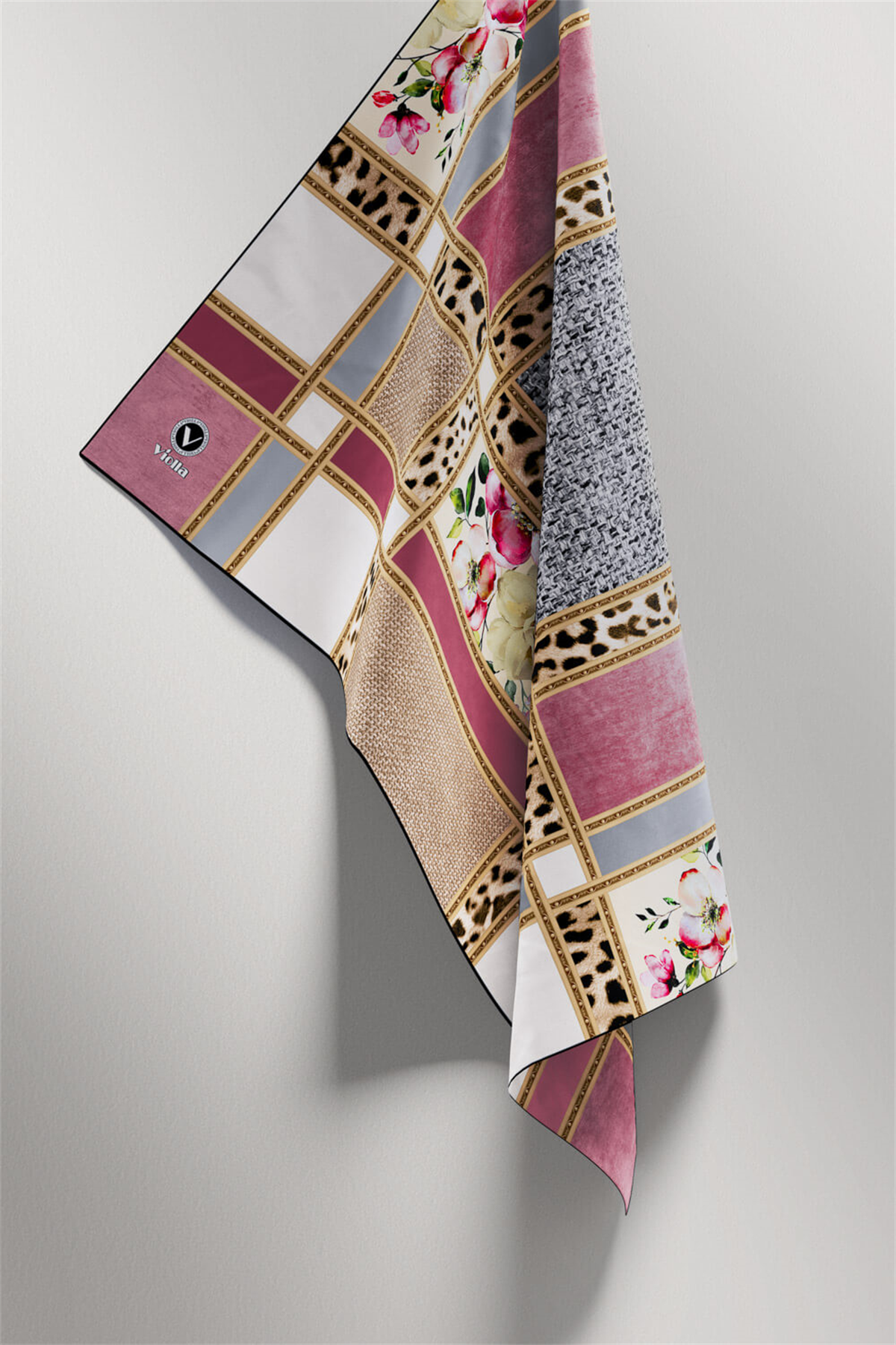 Twill Leopar ve Çiçek Desenli Pudra - Gri Renkli 90x90 Eşarp (İpek İçermez) Dikim Şekli : El Dikişi