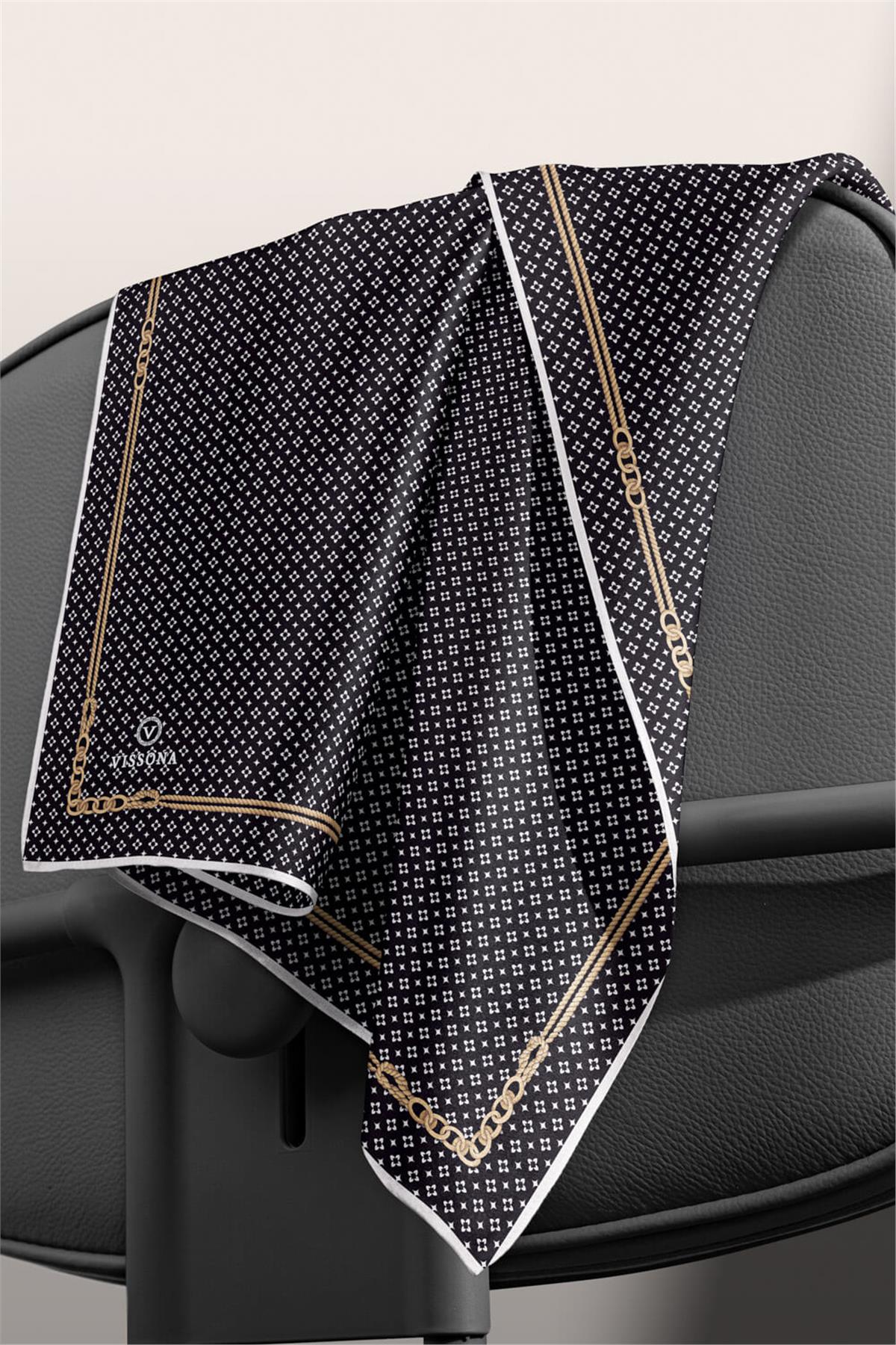 %100 Twill İpek Zincir Desenli Siyah - Krem Renkli 90x90 Eşarp Dikim Şekli : El Dikişi