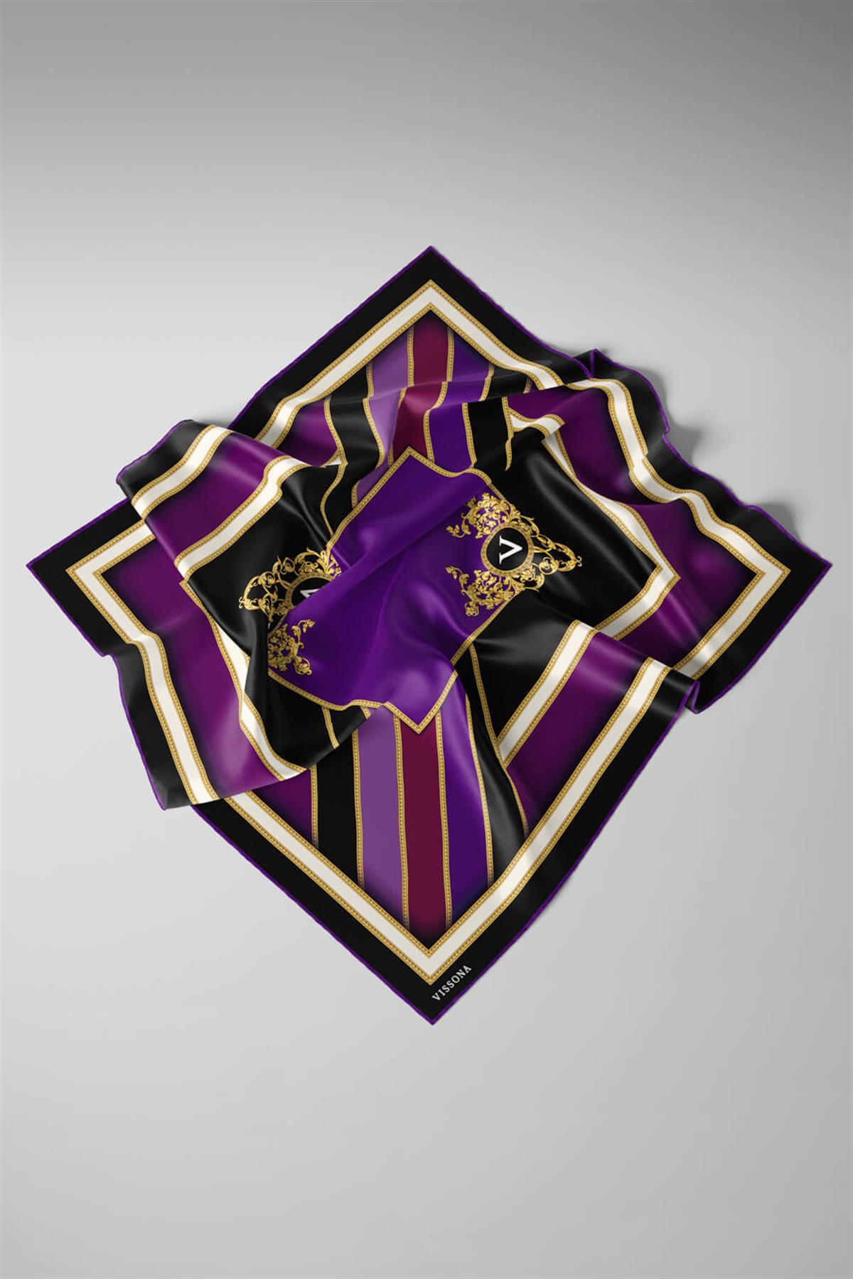 %100 Twill İpek Baroklu Ve Geometrik Desenli Mürdüm - Mor Renkli 90x90 Eşarp Dikim Şekli : El Dikişi