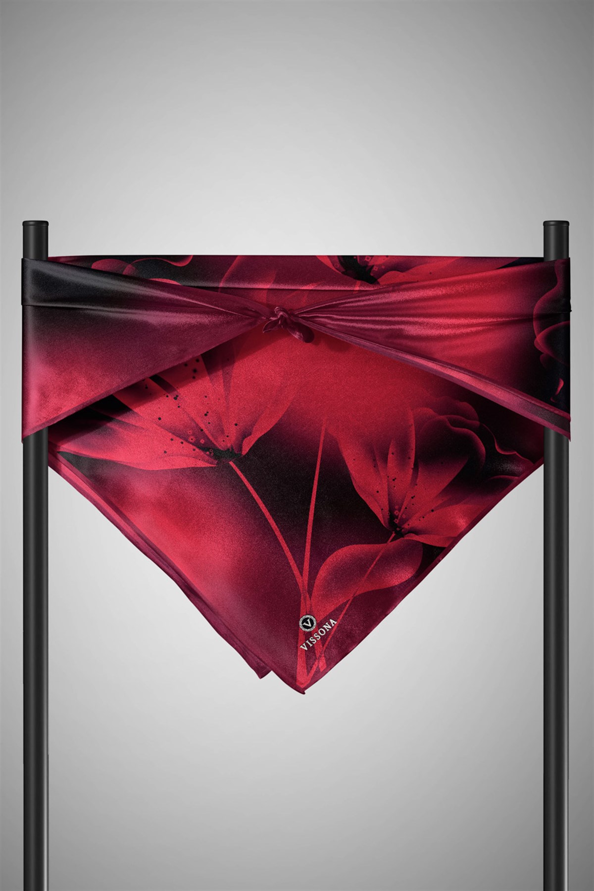 %100 Twill İpek Çiçek Desenli Bordo Renkli 90x90 Eşarp Dikim Şekli : El Dikişi