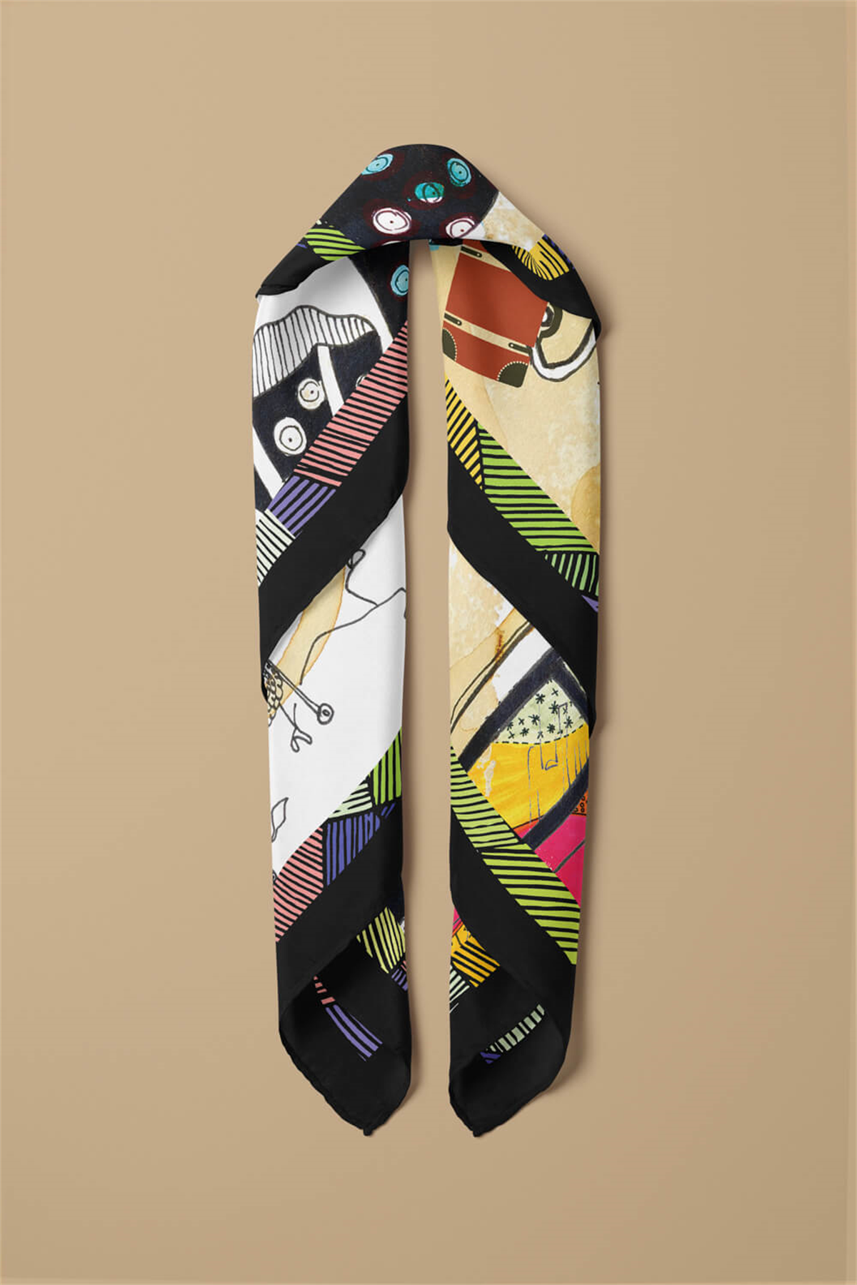 E64 Kadın Krem Mavi Afrikan Desenli 50x50 Bandana HYL DG01205-22