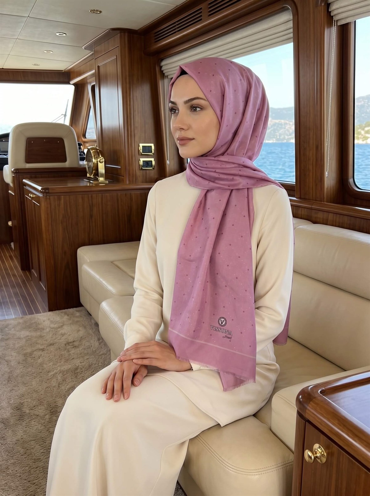 %100 Saf İpek Şal İnce Saten Vual Dokuma Geometrik Desenli Pembe - Bordo Renkli 90x210 Şal