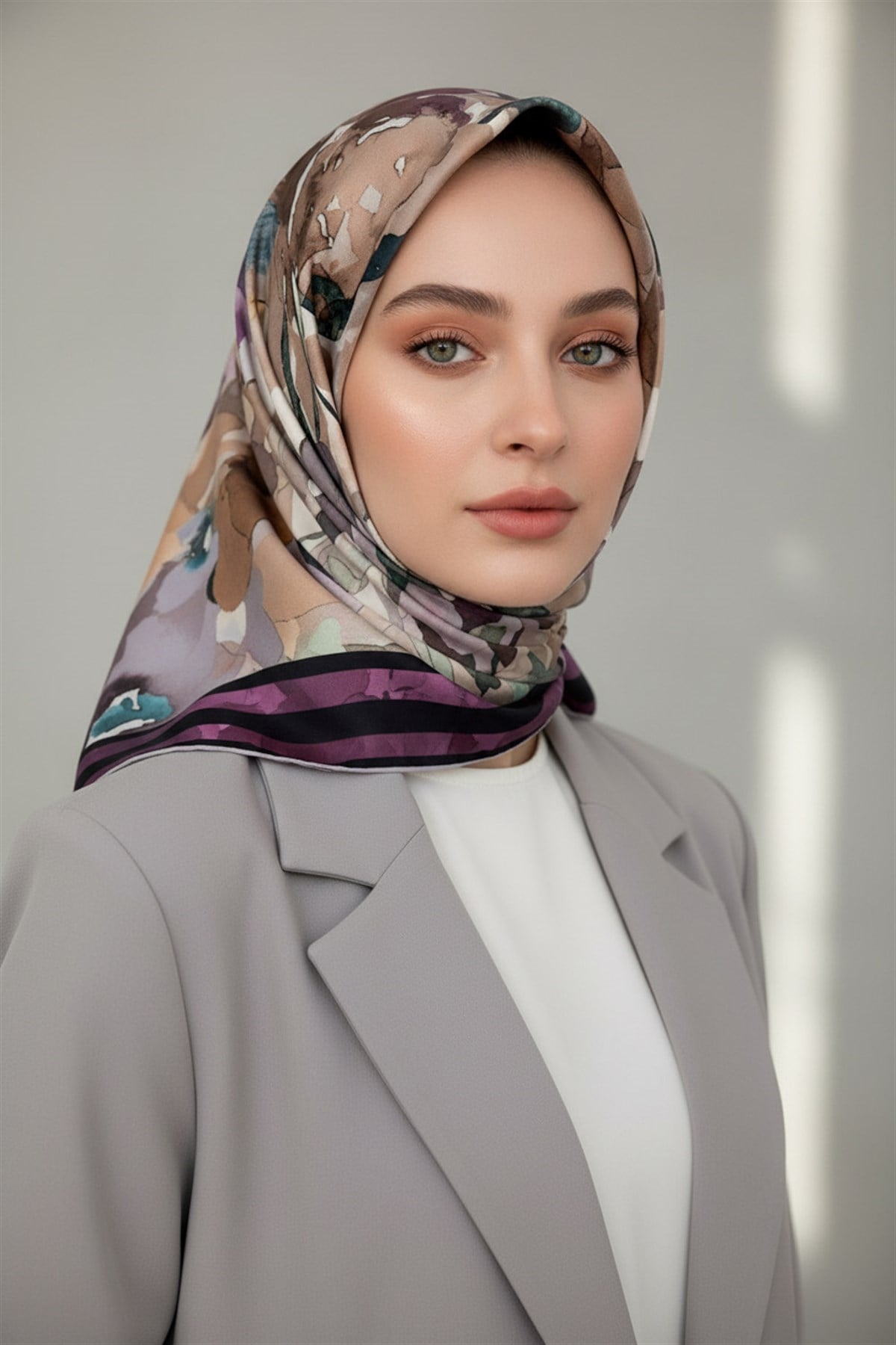 %100 Twill İpek Sulu Boyalı Çiçek Desenli Mor - Vizon Renkli 90x90 Eşarp Dikim Şekli : El Dikişi