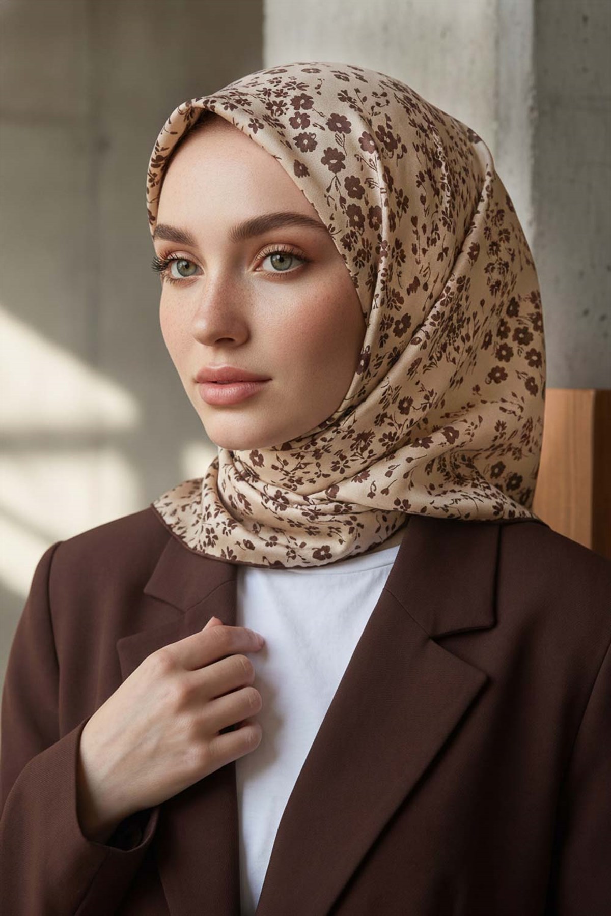 %100 Twill İpek Çıtır Çiçek Desenli Bej - Kahverengi Renkli 90x90 Eşarp Dikim Şekli : El Dikişi