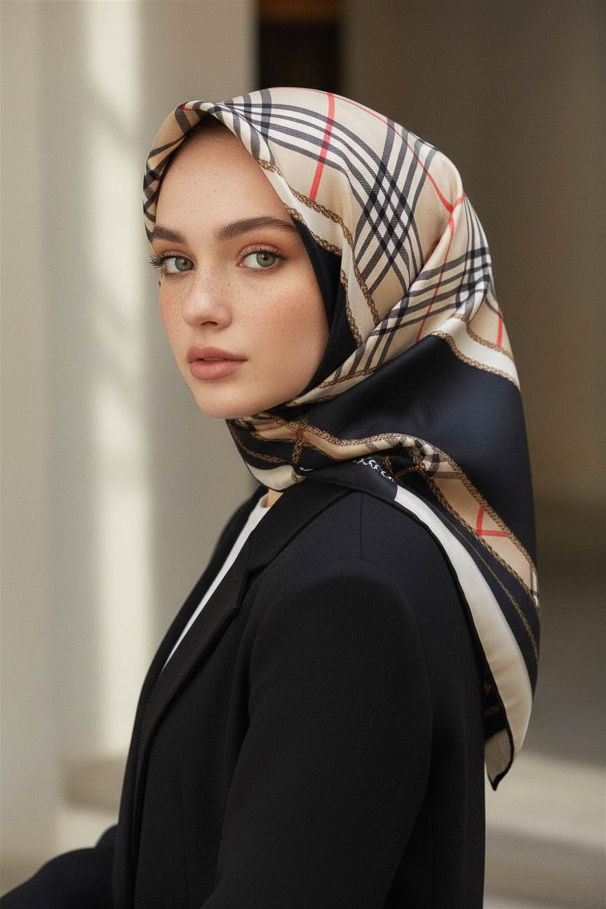 %100 Twill İpek Ekose Desenli Siyah Renkli 90x90 Eşarp Dikim Şekli : El Dikişi