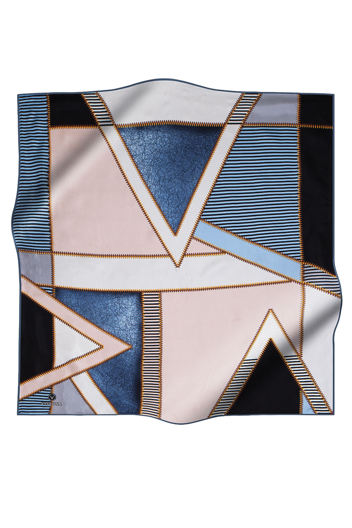 % 57 İPEK % 43 İPEK Twill İpek Geometrik Desenli Bebe Mavisi - Siyah Renkli 90x90 Eşarp Dikim Şekli : El Dikişi