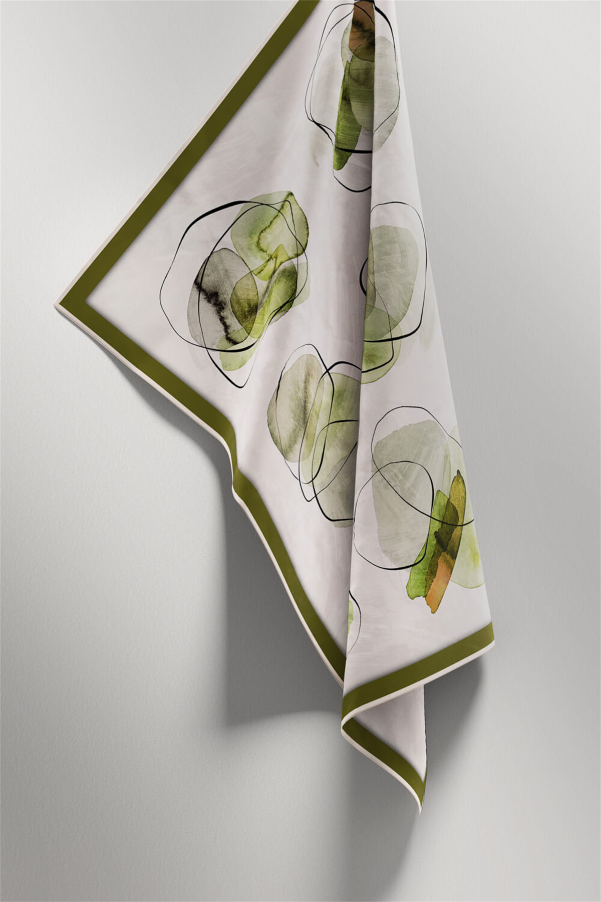 Twill Sulu Boya Geometrik Desenli Haki Renkli 90x90 Eşarp (İpek İçermez) Kenar Dikiş Şekli El Dikişli