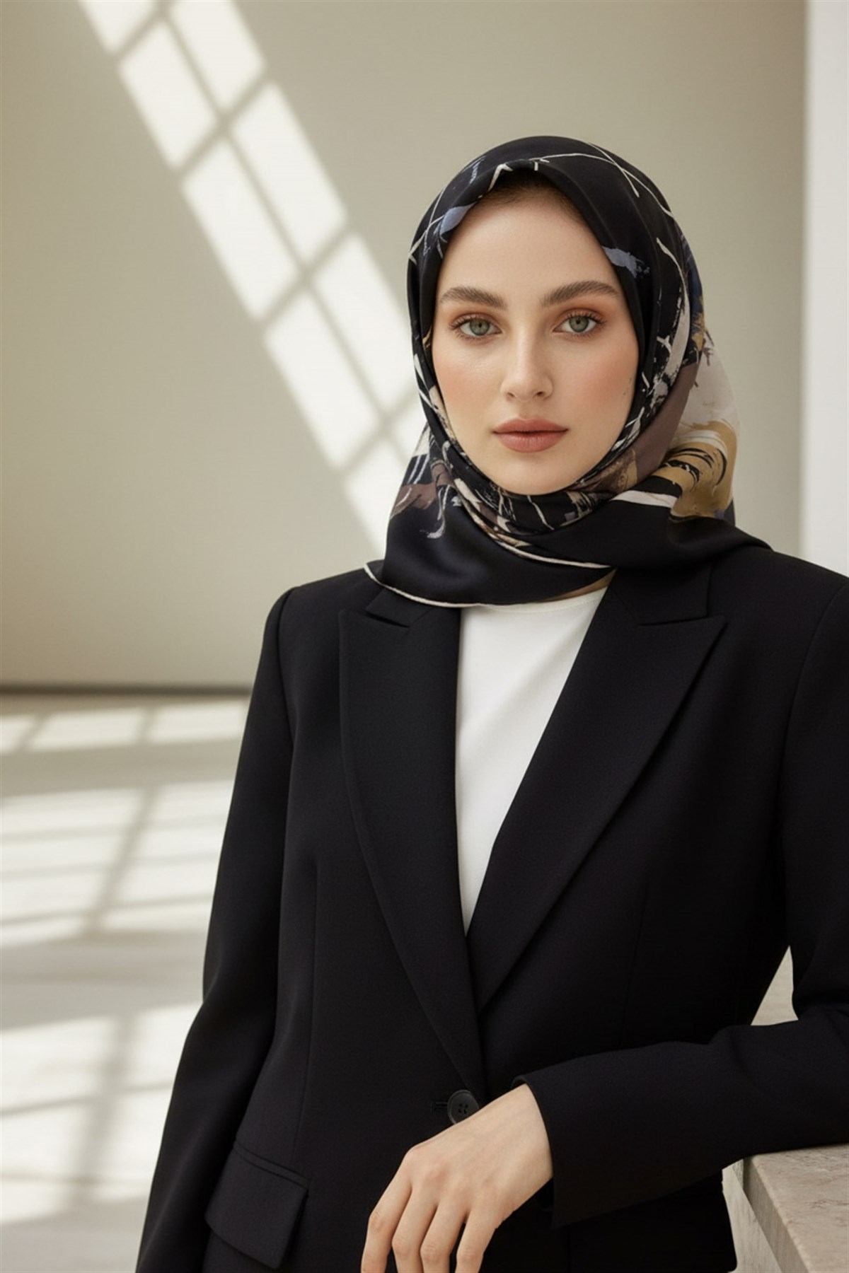 %57 İPEK %43 VİSKON Twill İpek Geometrik Desenli Bej - Gri Renkli 90x90 Eşarp Dikim Şekli : El Dikişi