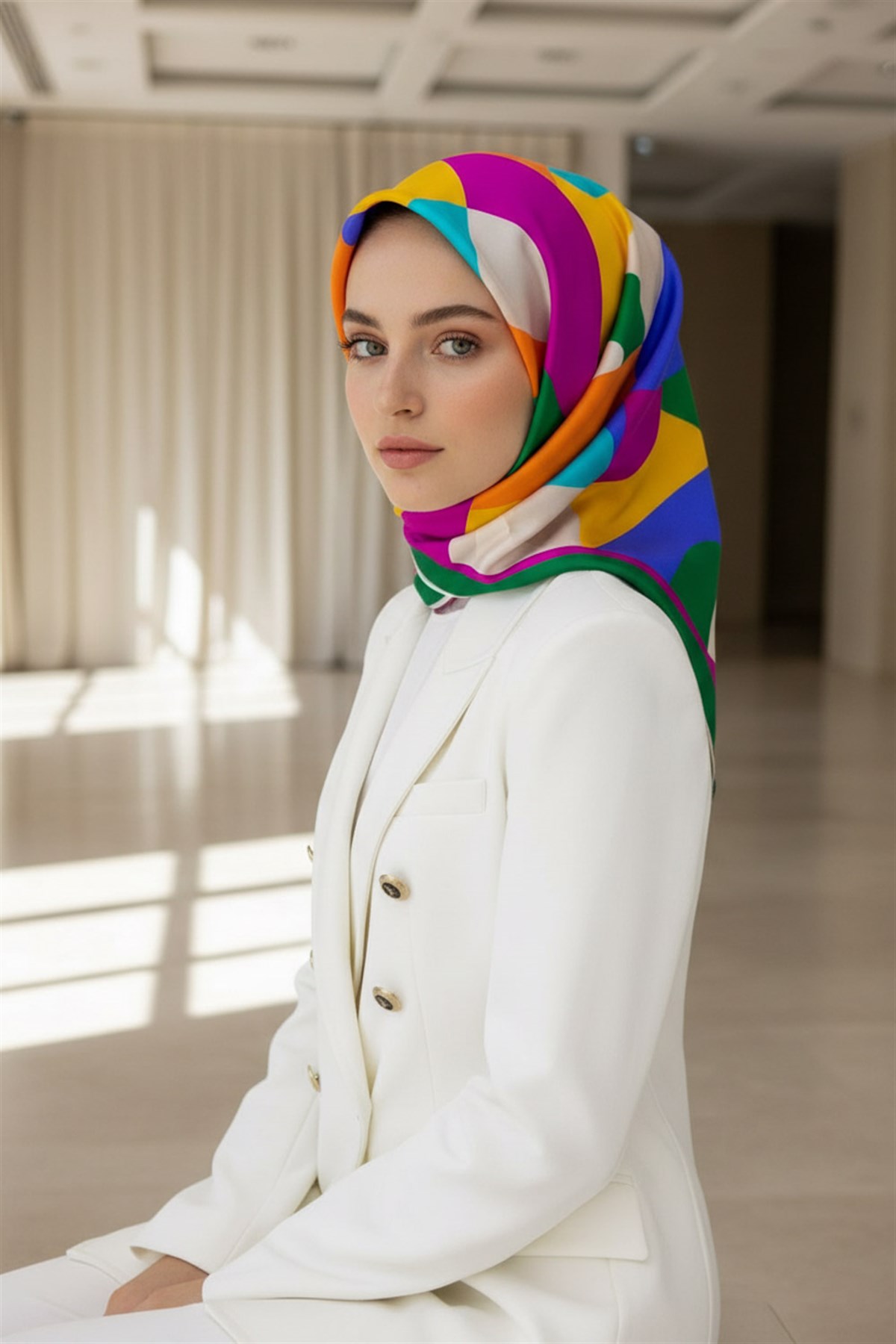 %100 Twill Renk Bloklu Çizgili Desenli Mor - Turuncu Renkli 90x90 Eşarp Dikim Şekli: El Dikişii