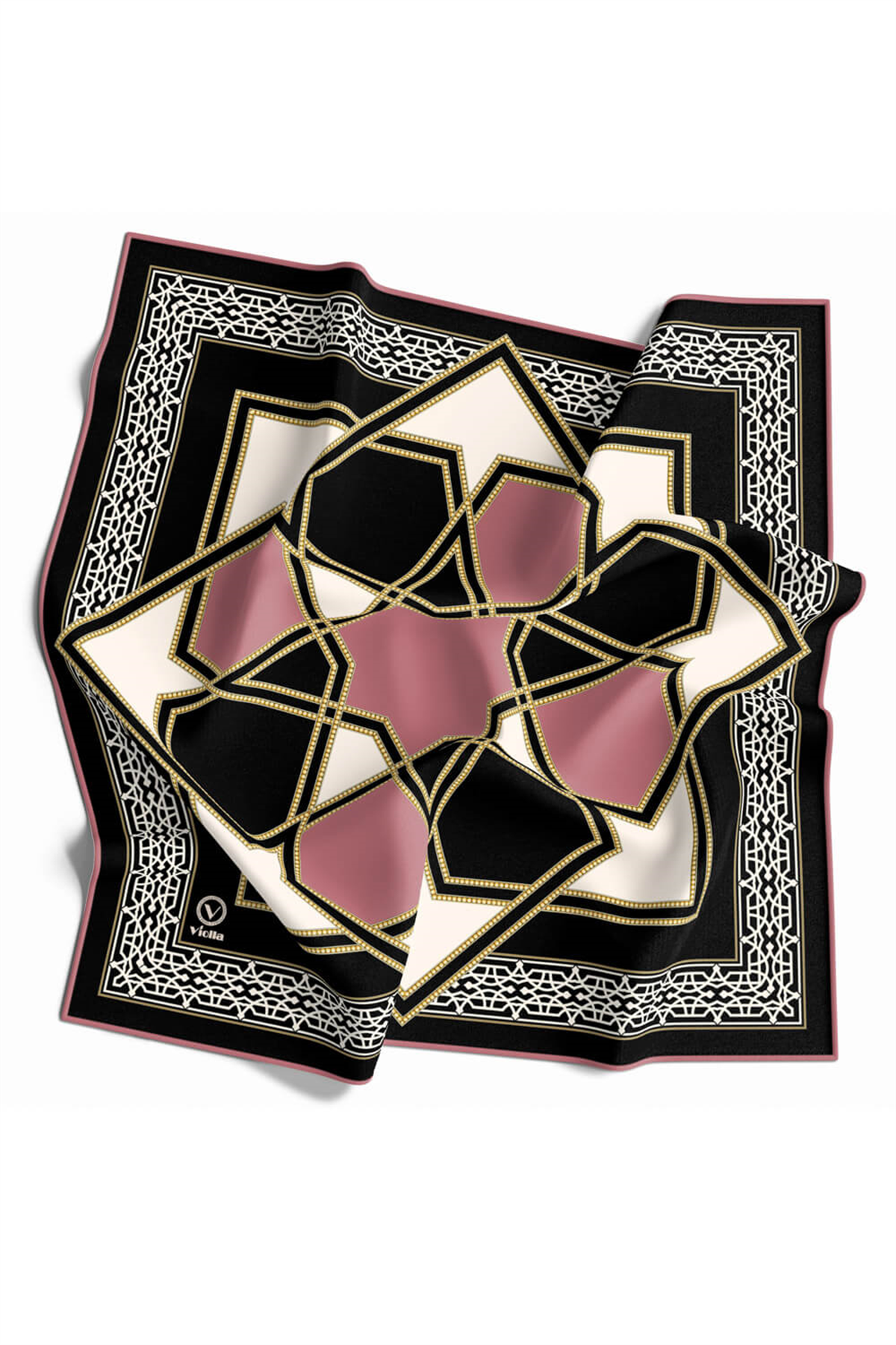 Twill Osmanlı Çini Desenli Pudra Renkli 90x90 Eşarp (İpek İçermez)Kenar Dikiş Şekli El Dikişli