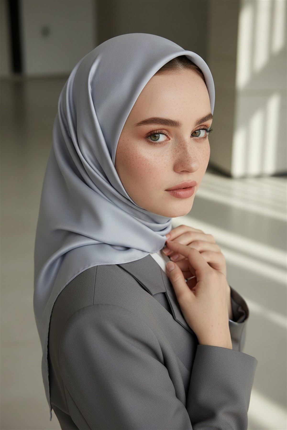 Viskon Twill İpek Az Hatalı Açık Gri  Renkli 90x90 Düz Eşarp Dikim Şekli : El Dikişi