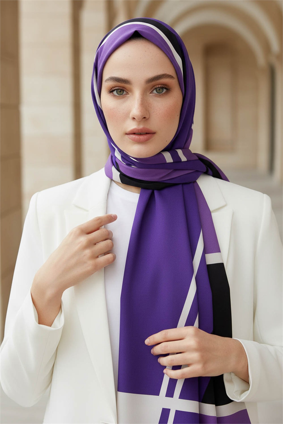 KREP GEOMETRIK DESENLİ MOR RENKLİ 75X195 KIRIŞMAZ ŞAL