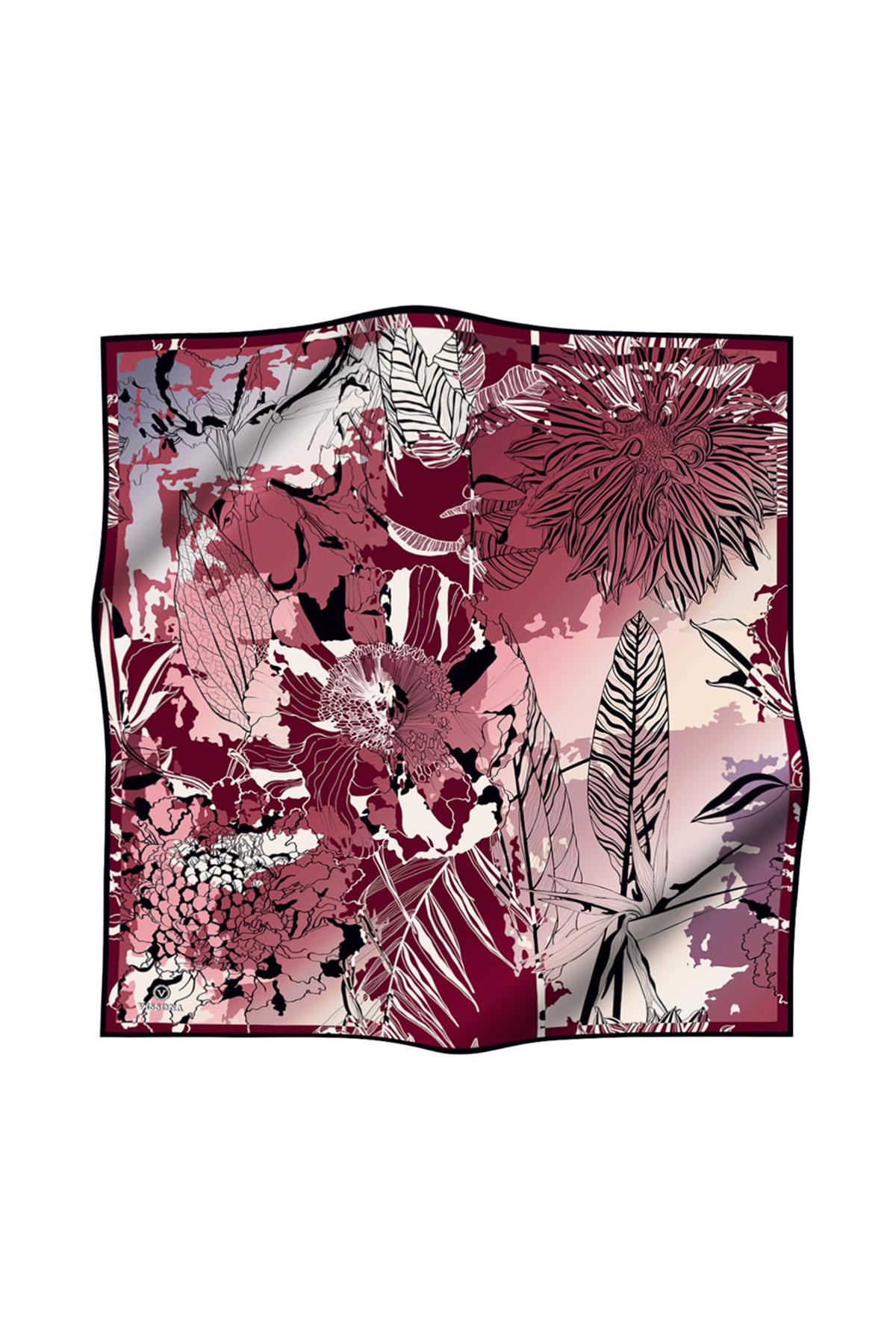 %100 Twill İpek Yaprak Desenli Bordo - Siyah Renkli 90x90 Eşarp Dikim Şekli : El Dikişi