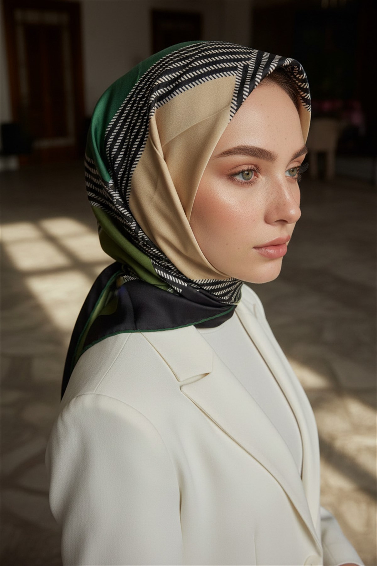 %100 Twill İpek Geometrik Desenli Zümrüt Yeşili Renkli 90x90 Eşarp Dikim Şekli : El Dikişi