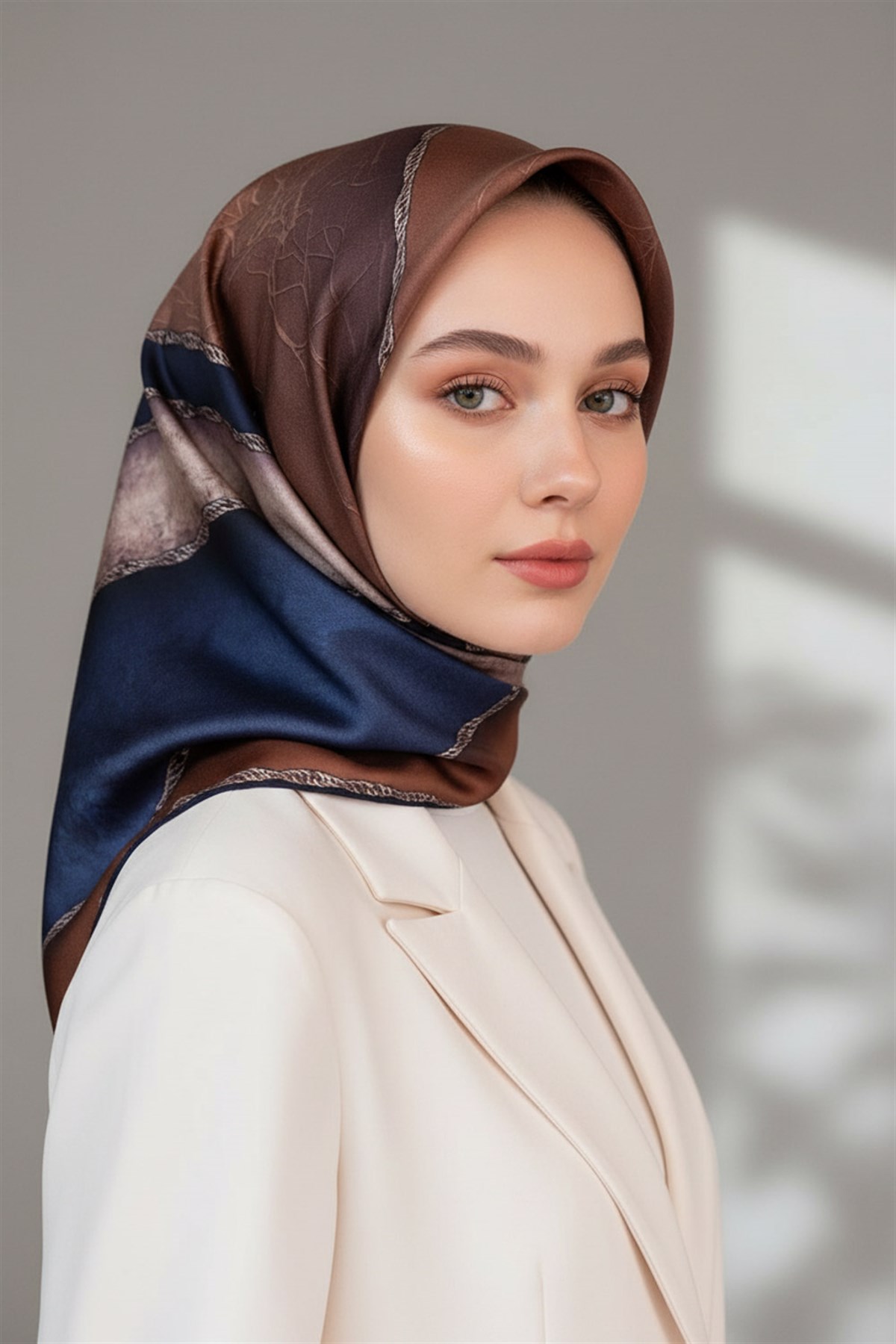 %100 Twill İpek Dokulu Geometrik Desenli Kahverengi - Lacivert Renkli 90x90 Eşarp Dikim Şekli : El Dikişi