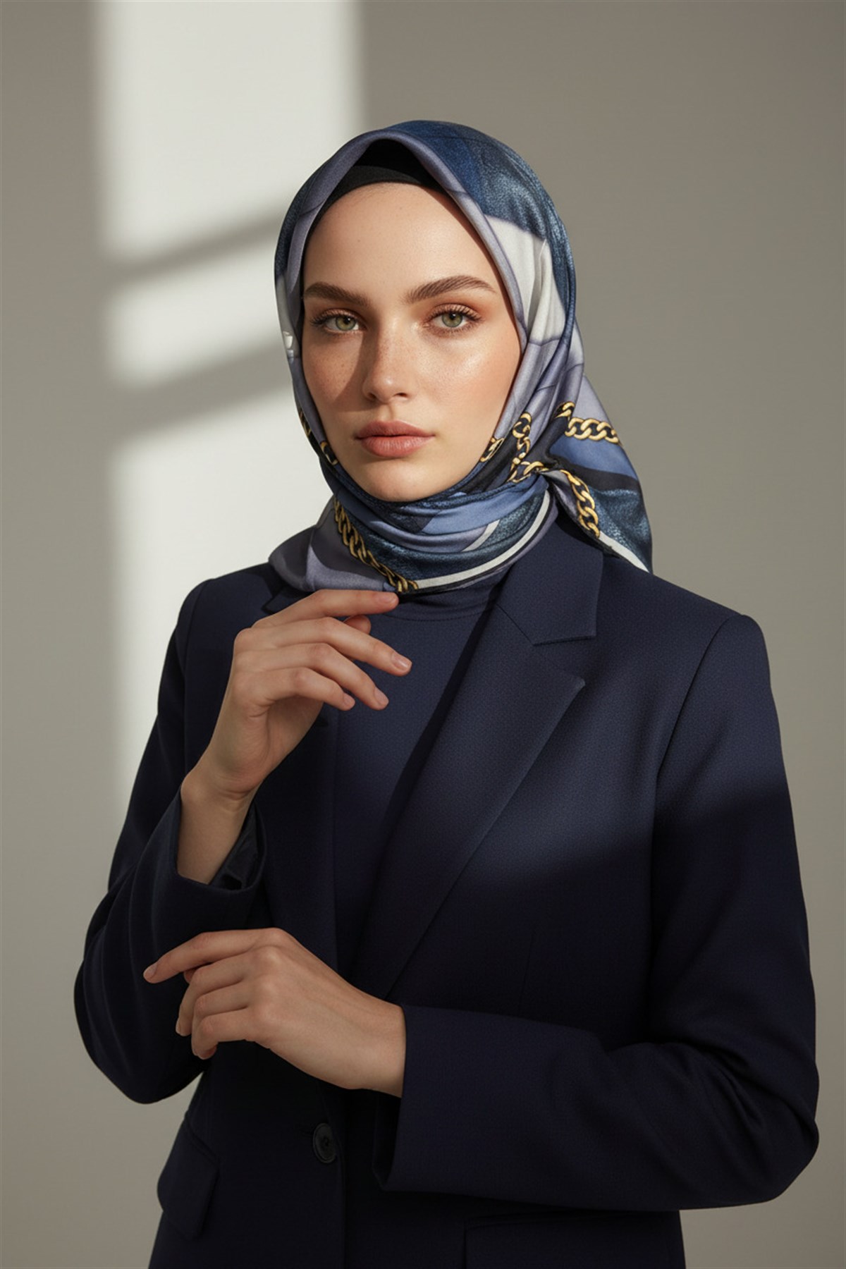 %100 Twill İpek Taş Efekti Desenli İndigo - Siyah Renkli 90x90 Eşarp Dikim Şekli : El Dikişi