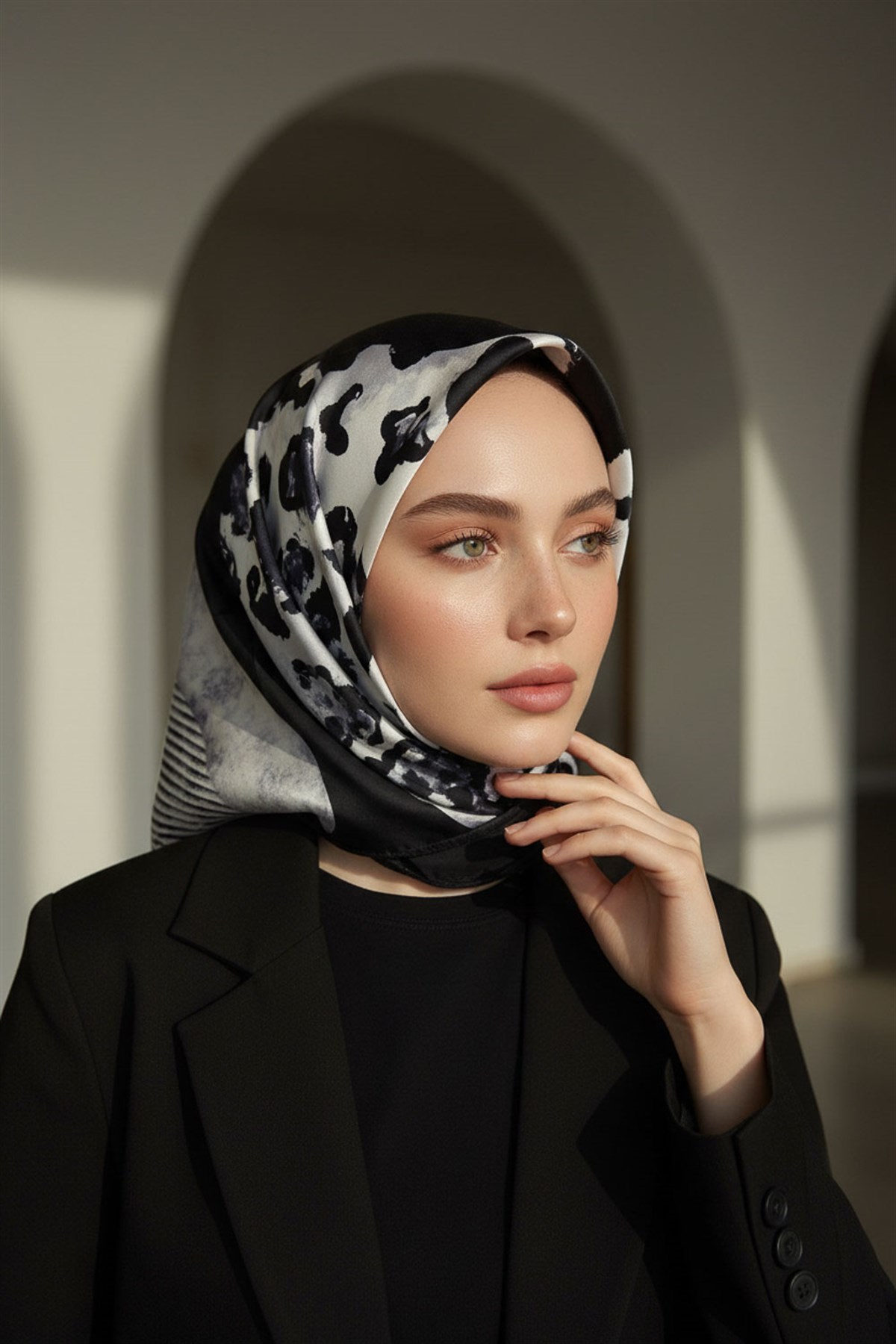 %100 Twill İpek Leopar Ve Geometrik Desenli Gri Renkli 90x90 Eşarp Dikim Şekli : El Dikişi