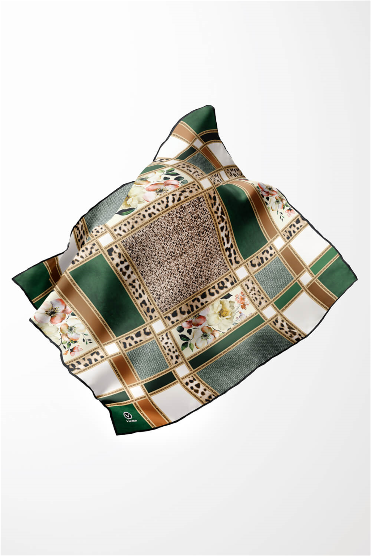 Twill Leopar ve Çiçek Desenli Zümrüt Yeşili - Bej Renkli 90x90 Eşarp (İpek İçermez) Dikim Şekli : El Dikişi