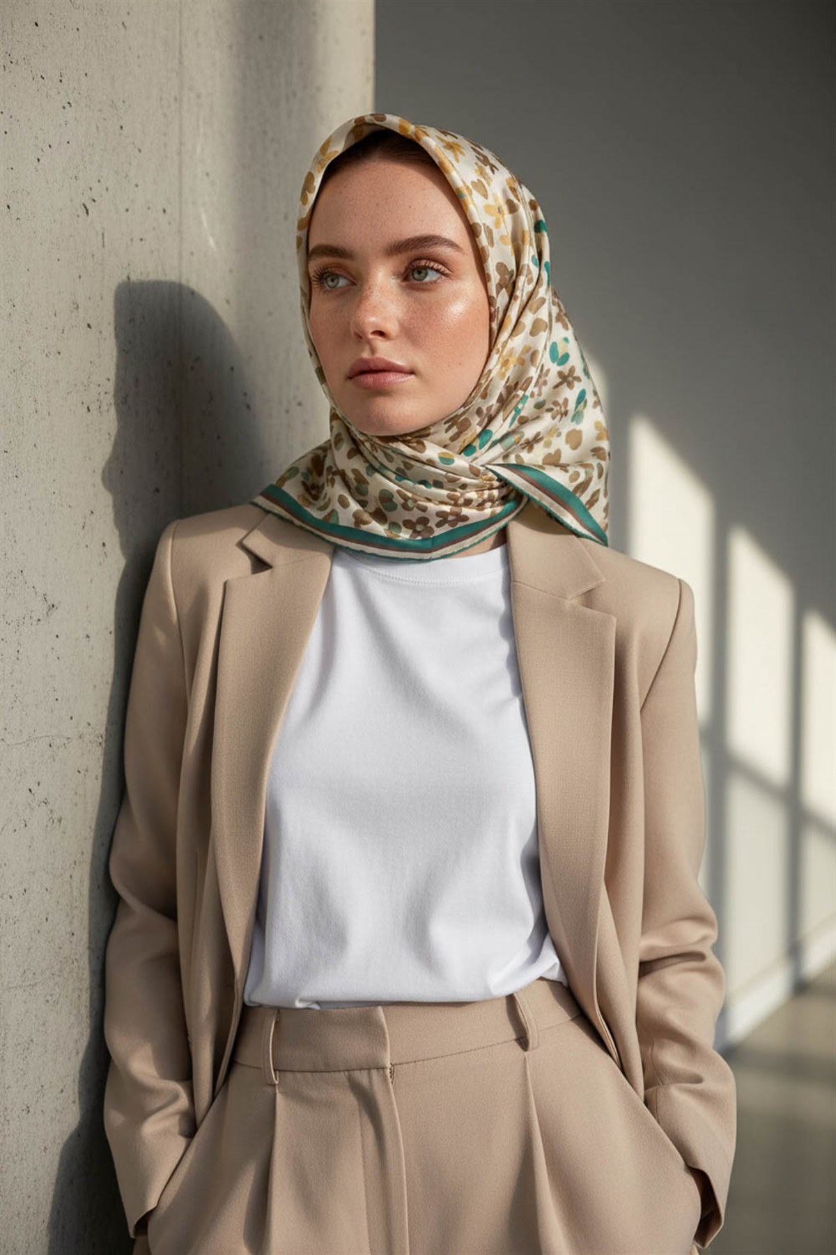 %100 Twill İpek Kalpli Leopar Desenli Zümrüt Yeşili - Vizon Renkli 90x90 Eşarp Dikim Şekli : El Dikişi