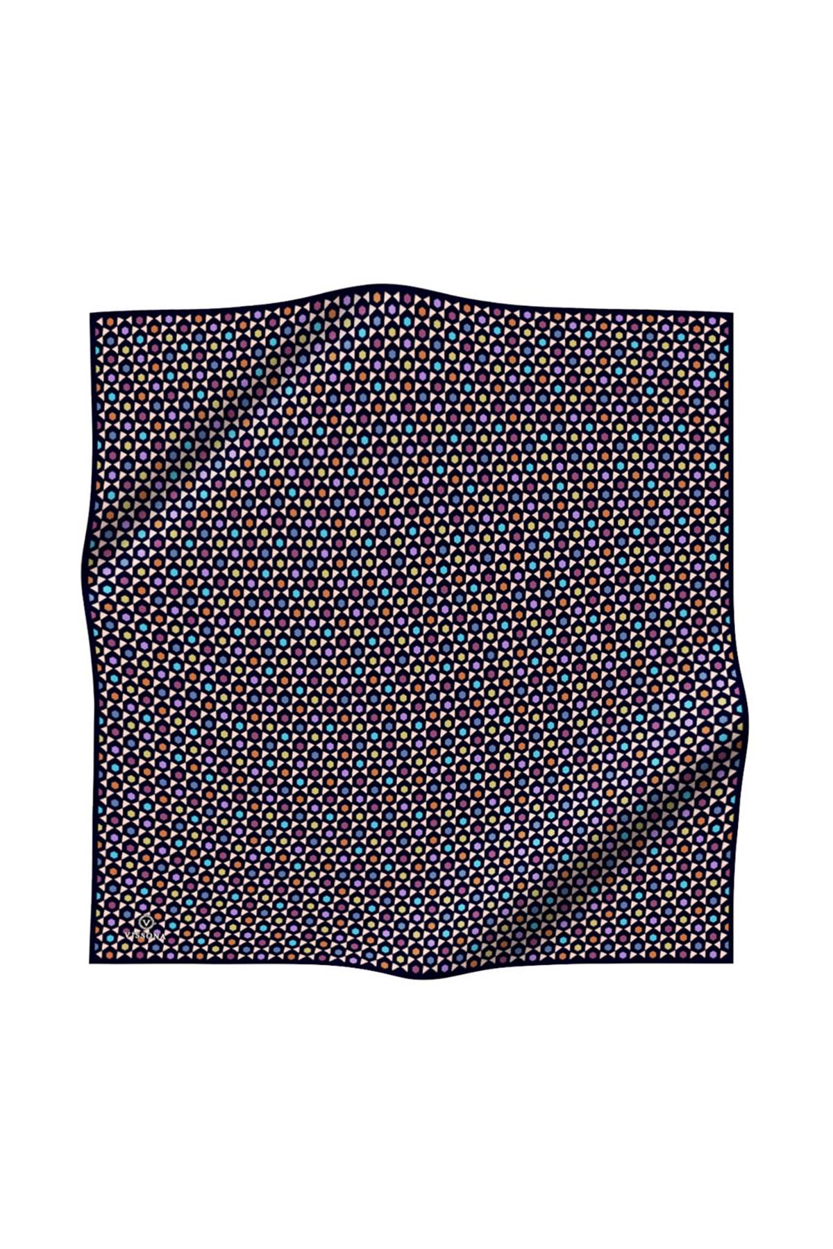 %100 Twill İpek Nokta Desenli Lacivert Renkli 90x90 Eşarp Dikim Şekli : El Dikişi