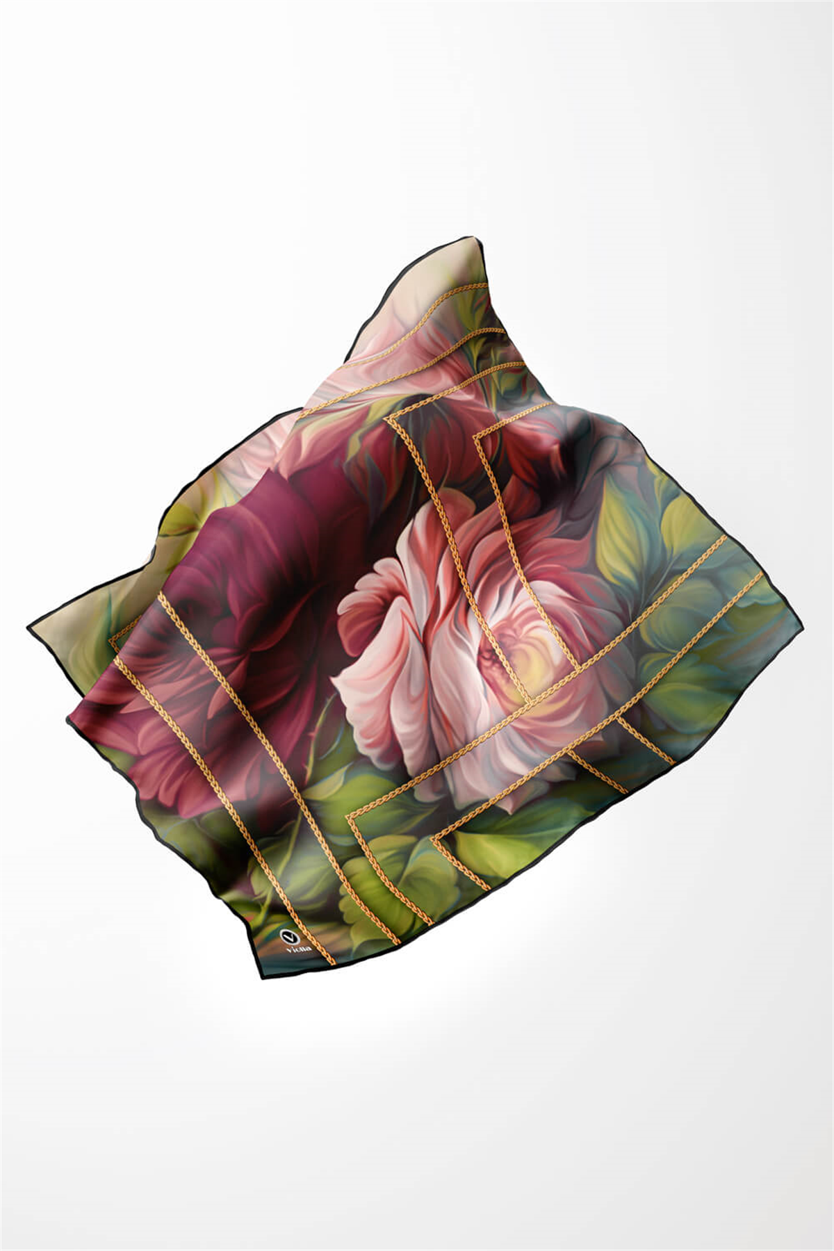 Twill Gül Desenli Şarabi - Haki Renkli 90x90 Eşarp (İpek İçermez) Kenar Dikiş Şekli El Dikişli