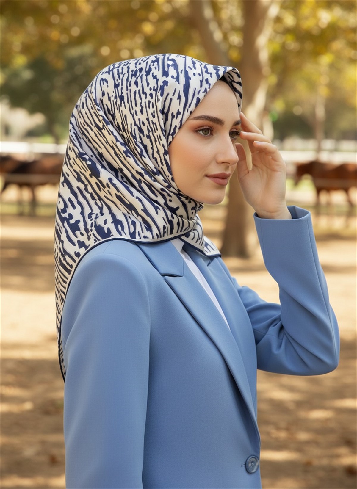 %100 Twill İpek Çizgi Desenli Krem - Lacivert Renkli 90x90 Eşarp Dikim Şekli : El Dikişi