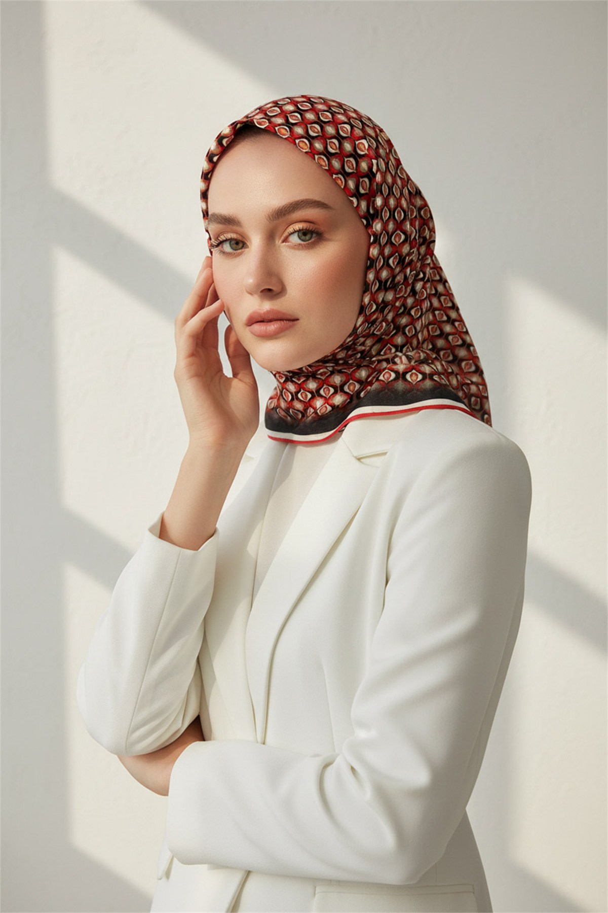 Twill Çıtır Desenli Kırmızı Renkli 90x90 Eşarp (İpek İçermez) Kenar Dikiş Şekli El Dikişli
