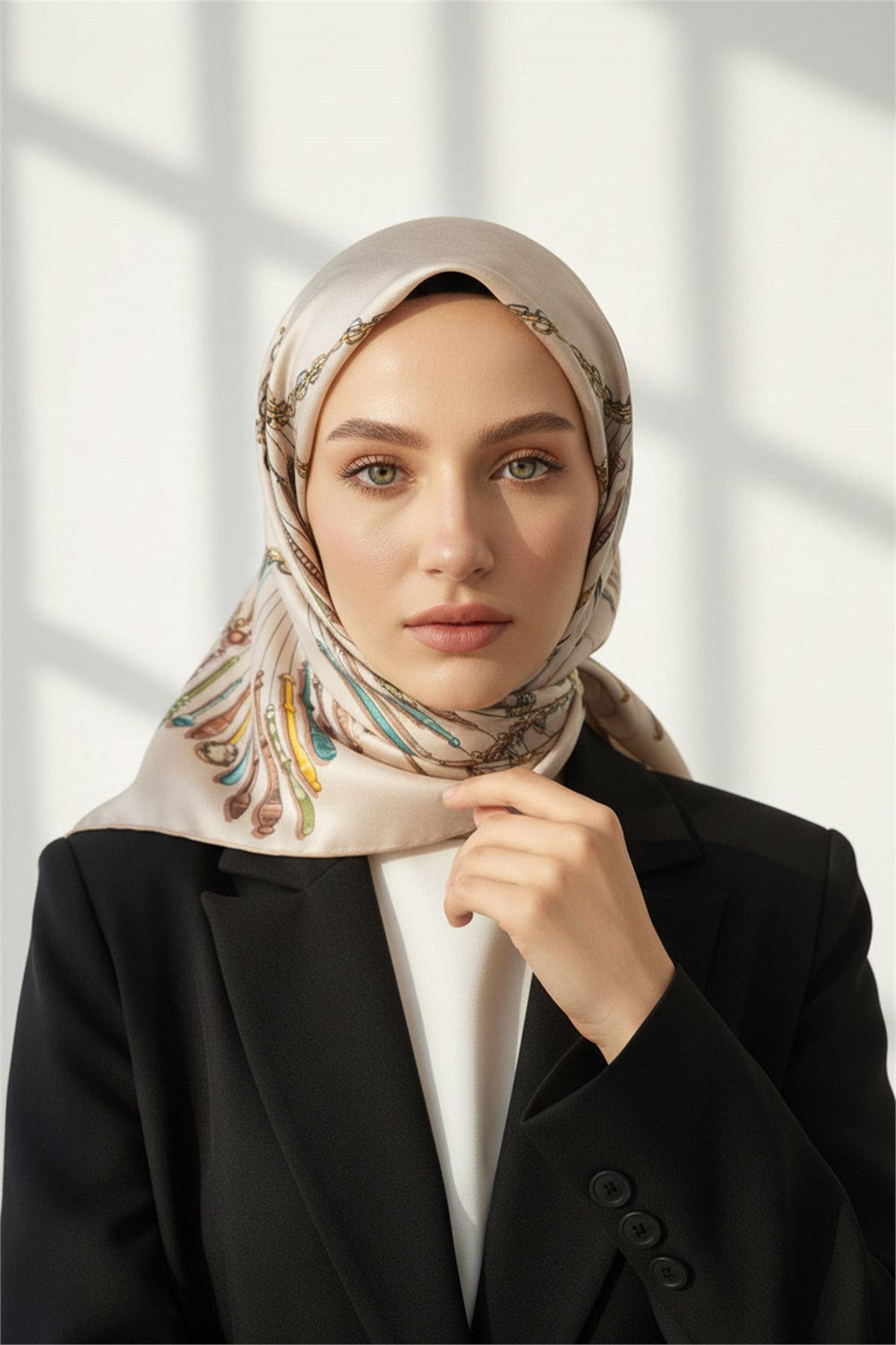 %100 Twill İpek Zincir Desenli Krem Renkli 90x90 Eşarp Dikim Şekli : El Dikişi