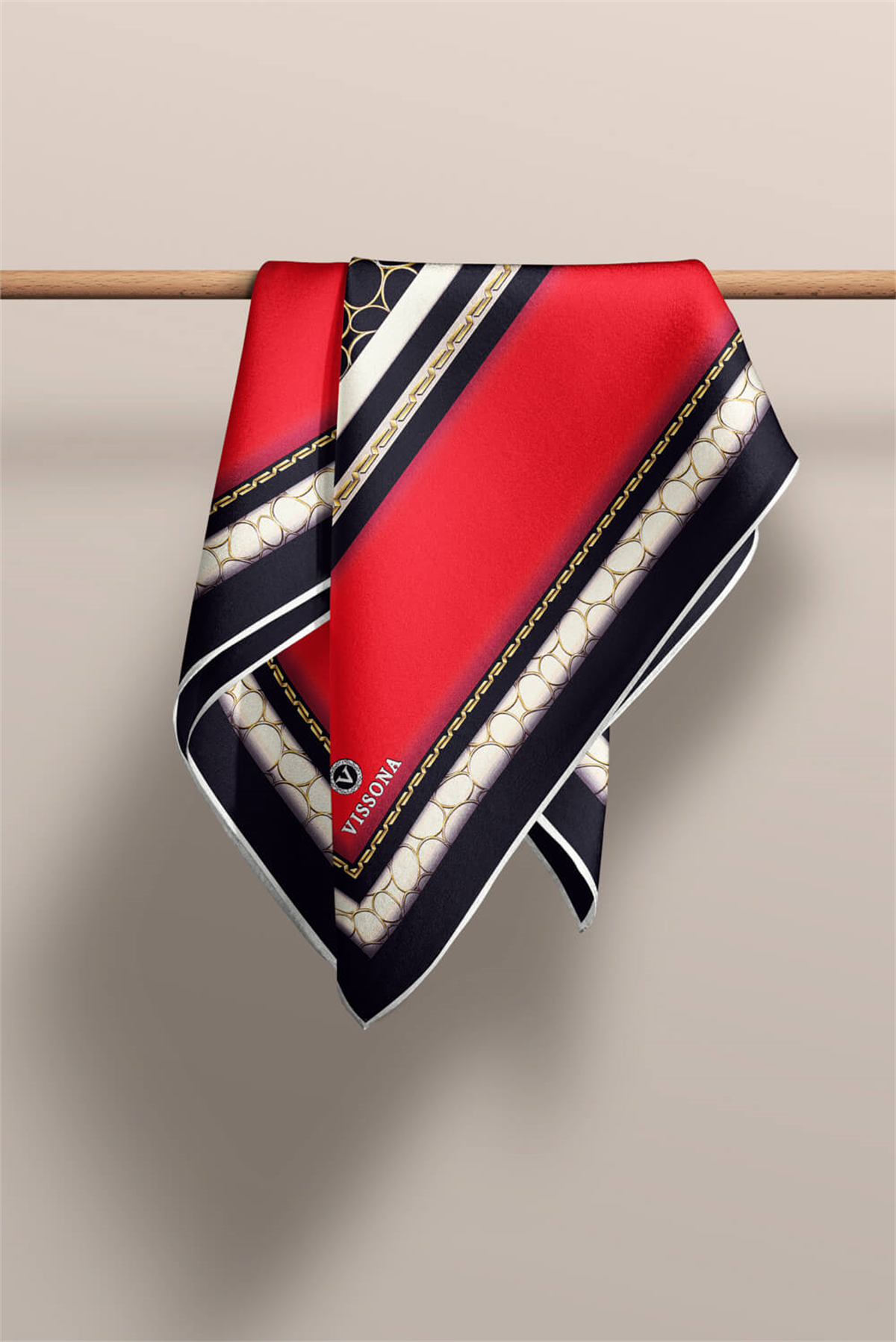 % 57 İPEK % 43 VİSKON Twill İpek Gold Halka Desenli Kırmızı - Siyah Renkli 90x90 Eşarp Dikim Şekli : El Dikişi