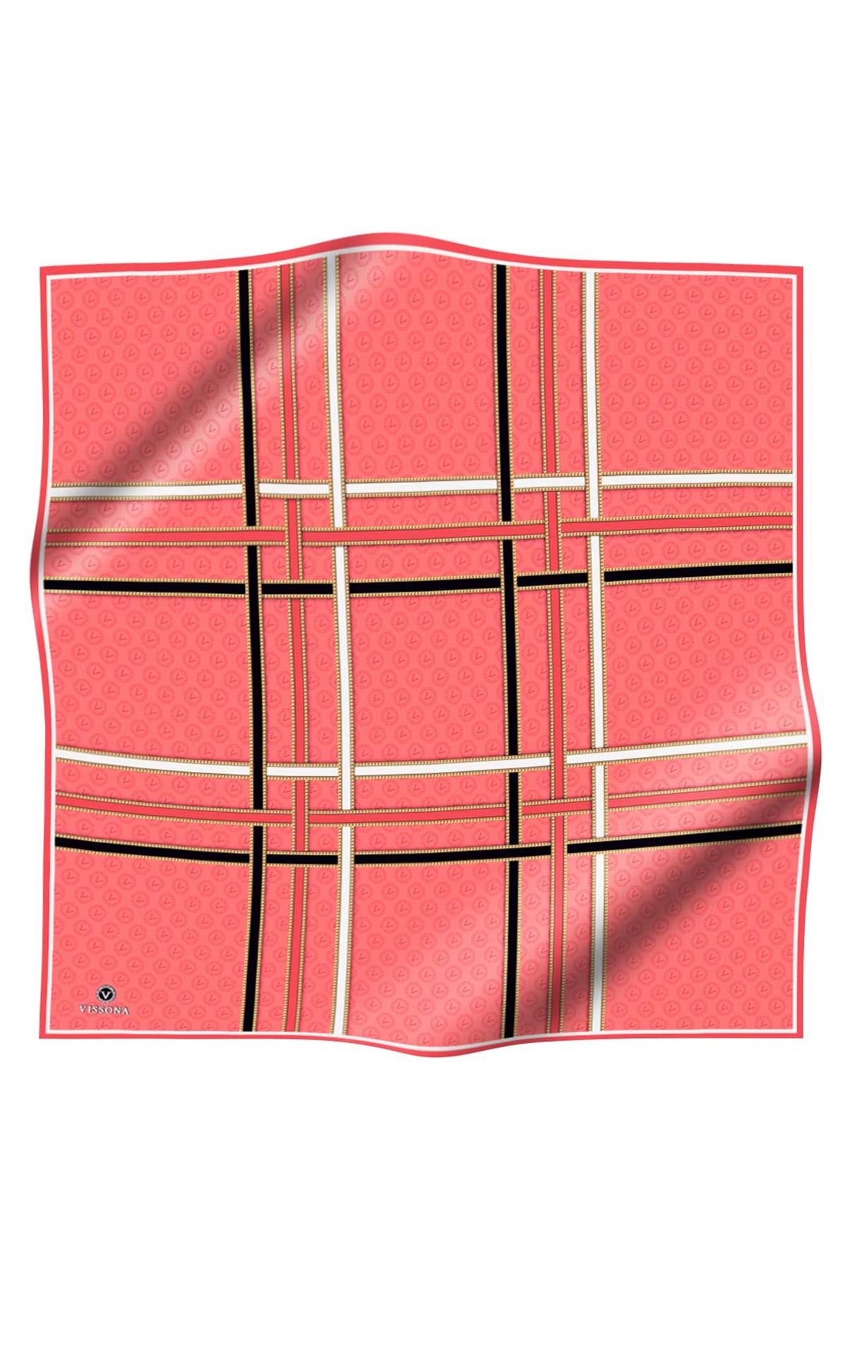 %100 Twill İpek Gold Şeritli Monogram Desenli Nar Çiçeği - Siyah Renkli 90x90 Eşarp Dikim Şekli : El Dikişi
