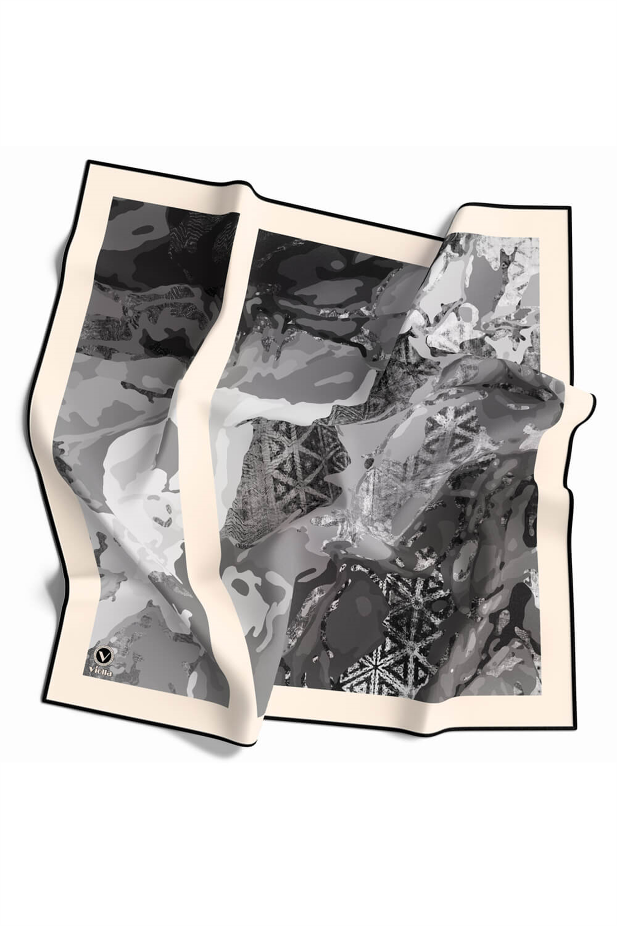 Twill Etnik ve Batik Desenli Gri Renkli 90x90 Eşarp (İpek İçermez) Dikim Şekli : El Dikişi