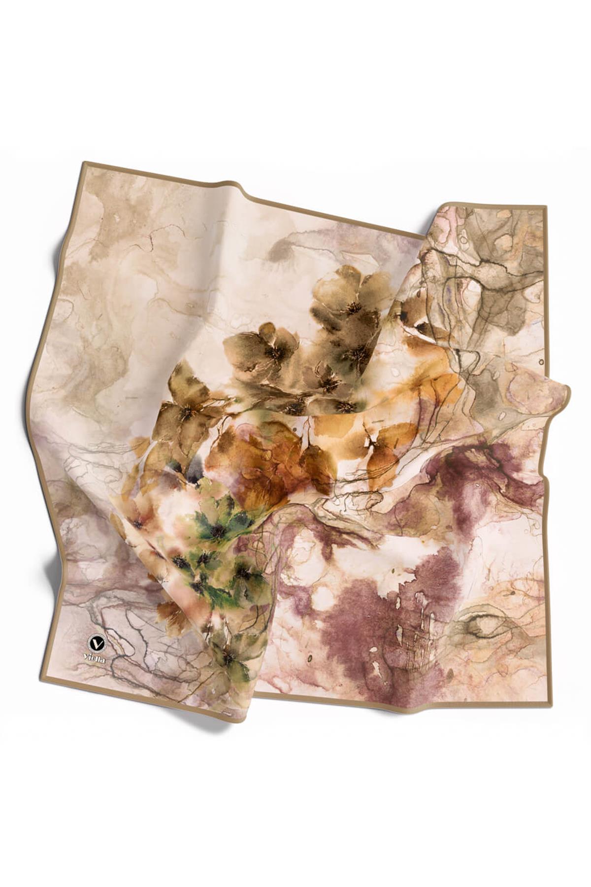 Rayon Sulu Boyalı Çiçek Desenli Bej Renkli 90x90 Eşarp (İpek İçermez) Dikim Şekli : El Dikişi