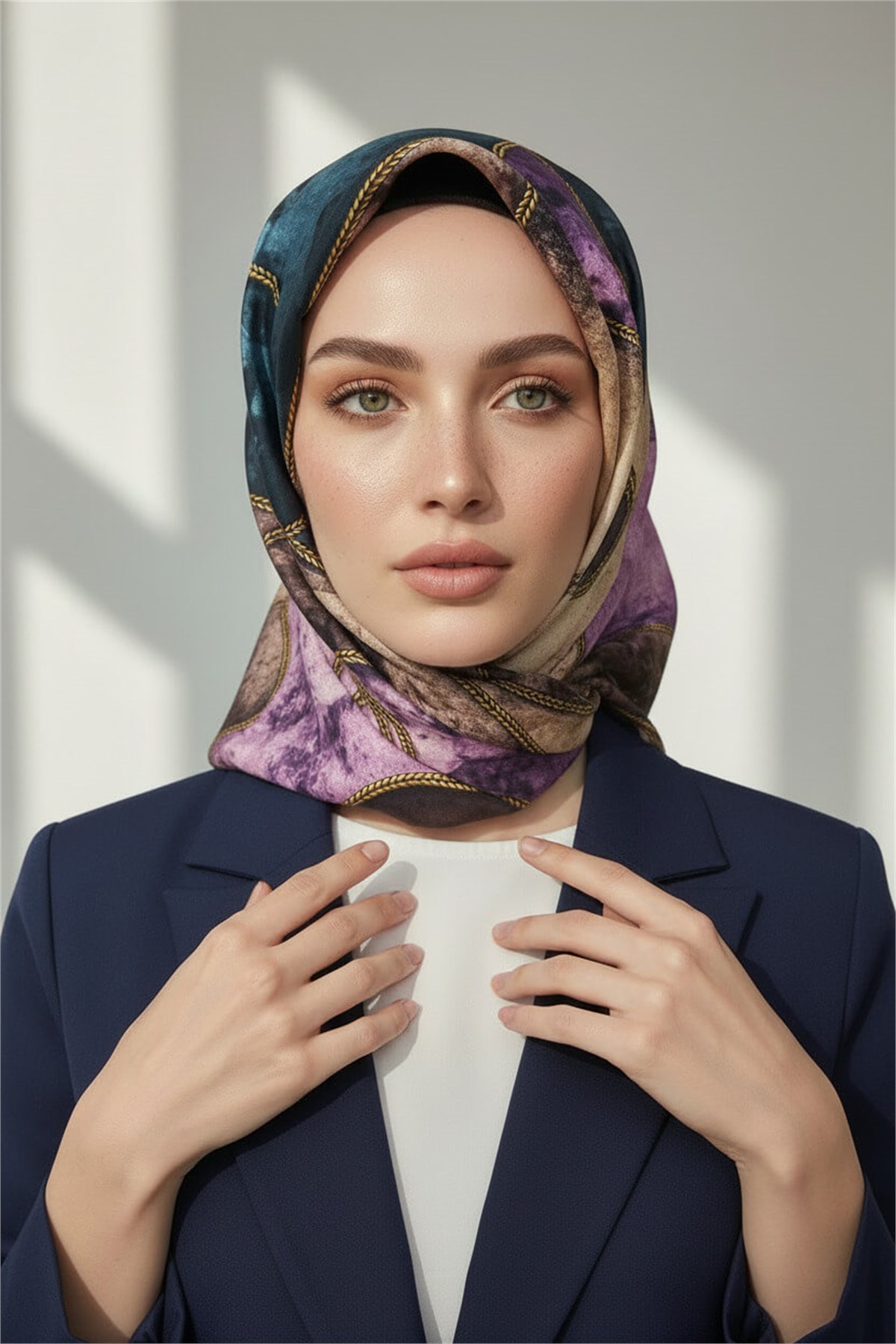 %100 Twill İpek Zincirli Mermer Desenli Petrol Yeşili - Lila Renkli 90x90 Eşarp Dikim Şekli : El Dikişi