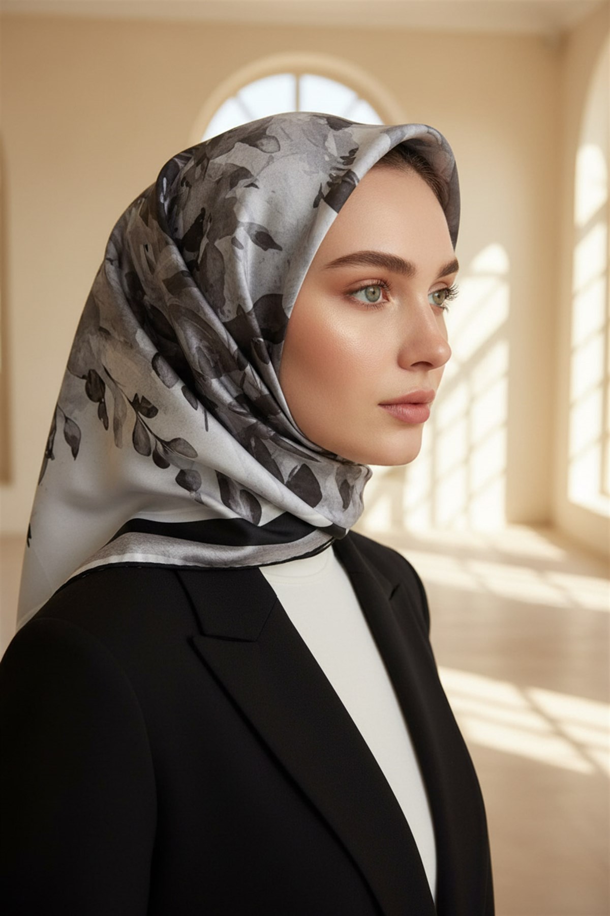%100 Twill İpek Bahar Çiçekleri Desenli Siyah - Beyaz Renkli 90x90 Eşarp Dikim Şekli : El Dikişi