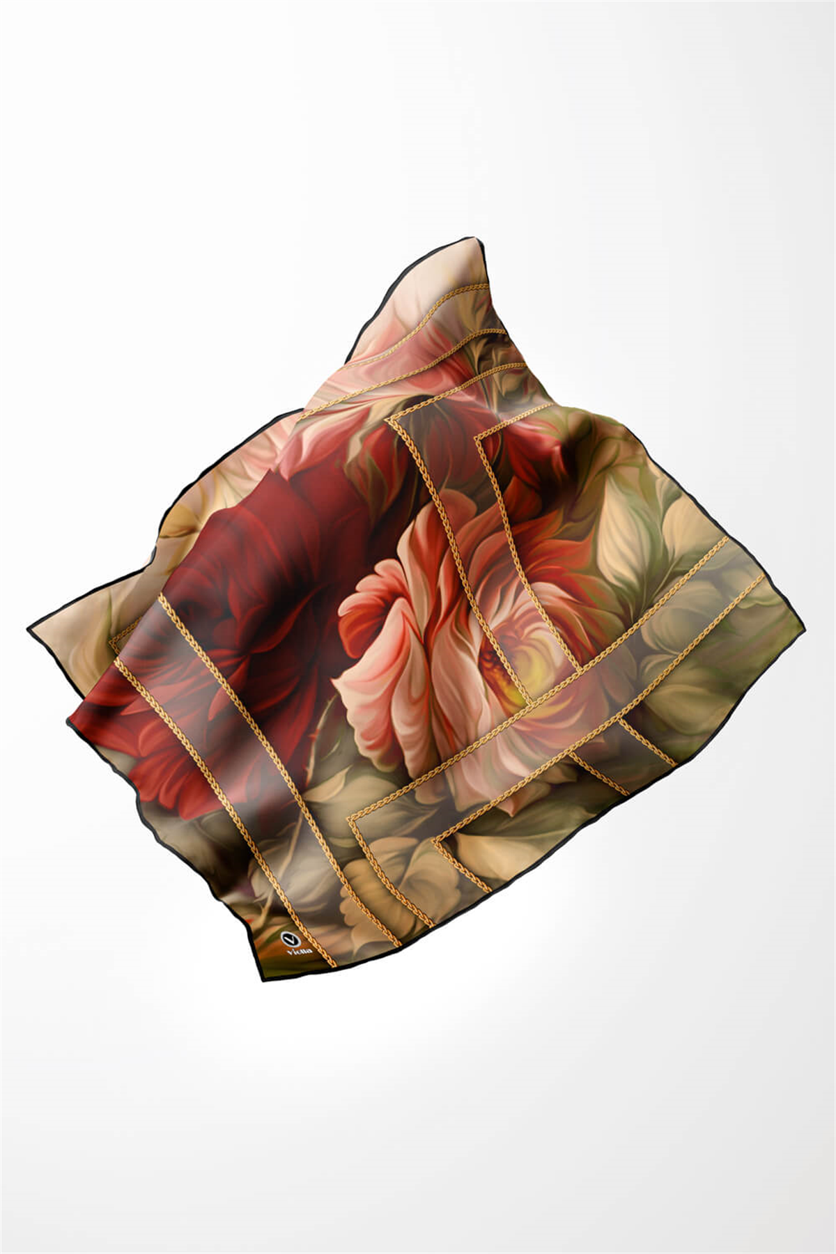 Twill Gül Desenli Bordo - Vizon Renkli 90x90 Eşarp (İpek İçermez) Kenar Dikiş Şekli El Dikişli