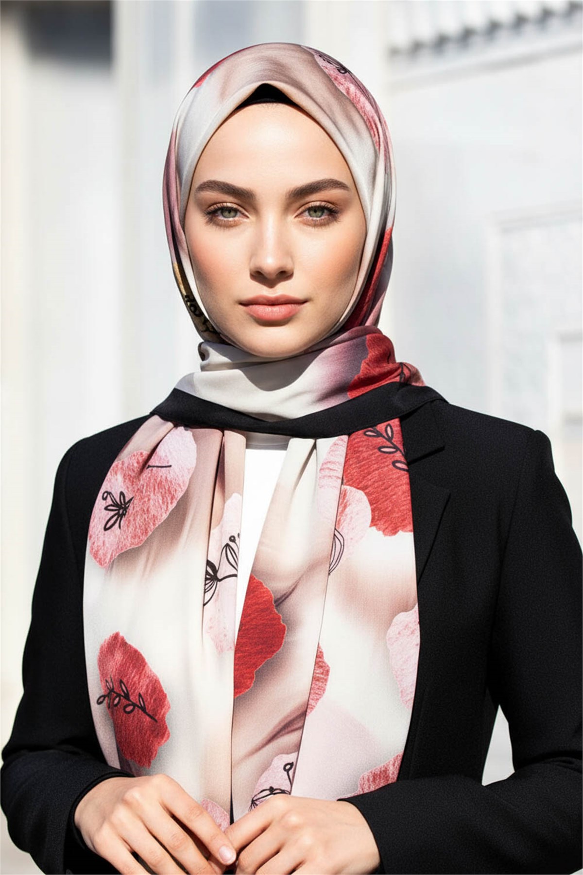 KREP FIRÇA DOKULU ÇİZGİ ÇİÇEK DESENLİ KREM - KIRMIZI RENKLİ 75X195 KIRIŞMAZ ŞAL